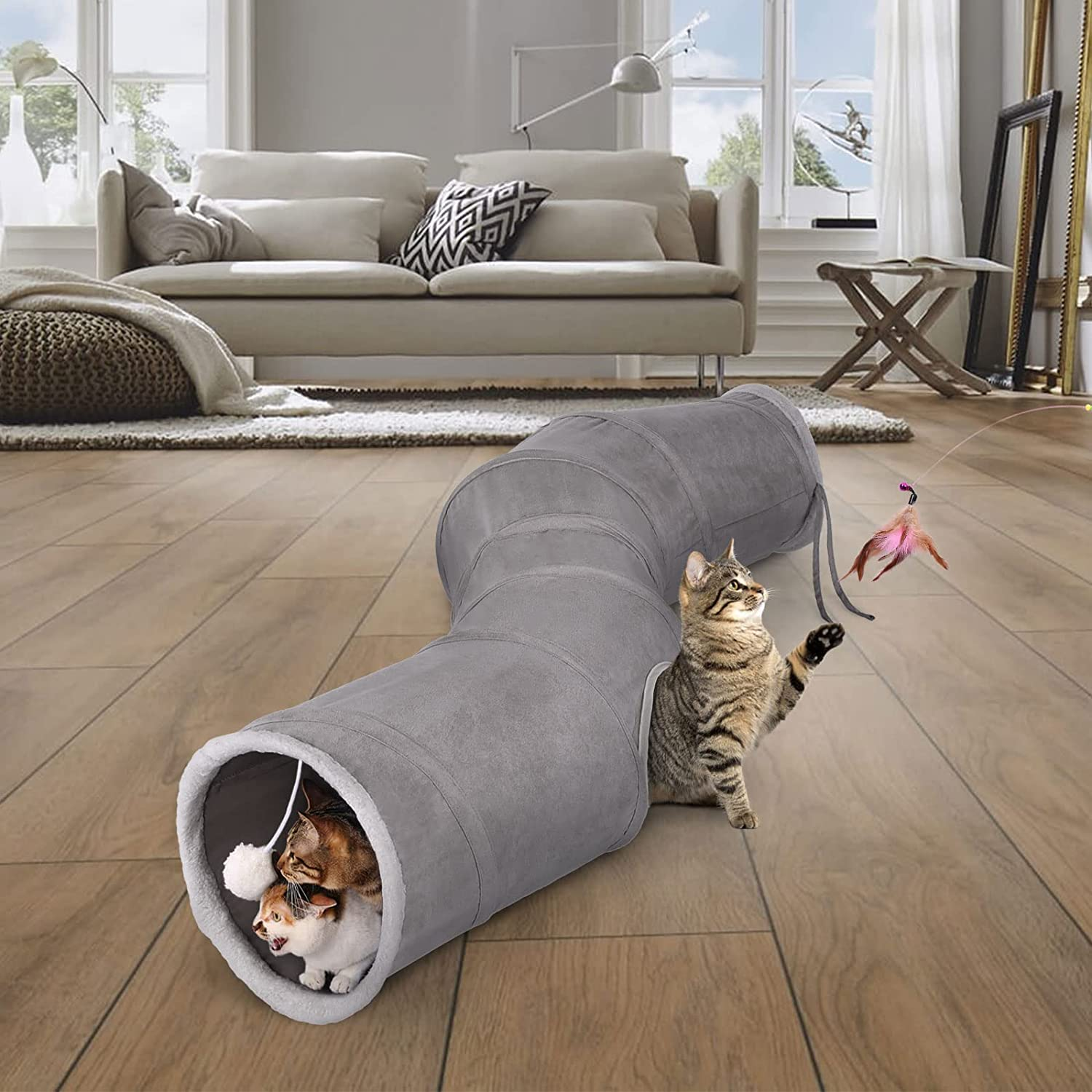 Ownpets Cat Tunnel S-Shape Collapsible Cat Play Tunnel with Interactive Feather Wand Large Pet Tunnel Tube Toy for Cat Kitten Kitty Puppy Rabbit image number 1