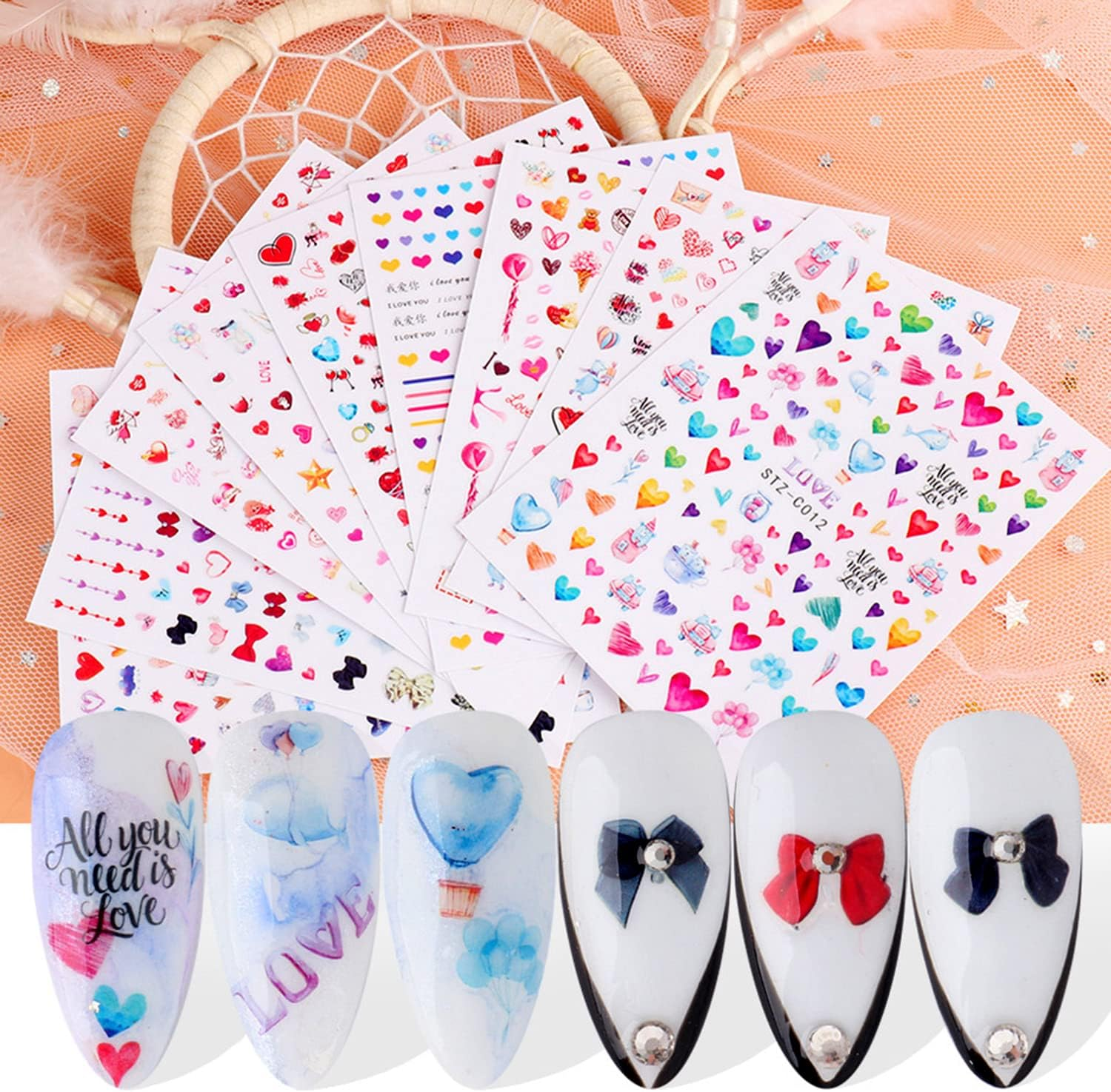 Love Heart Nail Art Stickers, Colorful Hearts Nail Decals 3D Self-Adhesive Nail Sticker Design Holographic Valentine'S Day Love Nail Art Supplies for Women Girls Manicure Charms Decoration(9 Sheets) image number 3