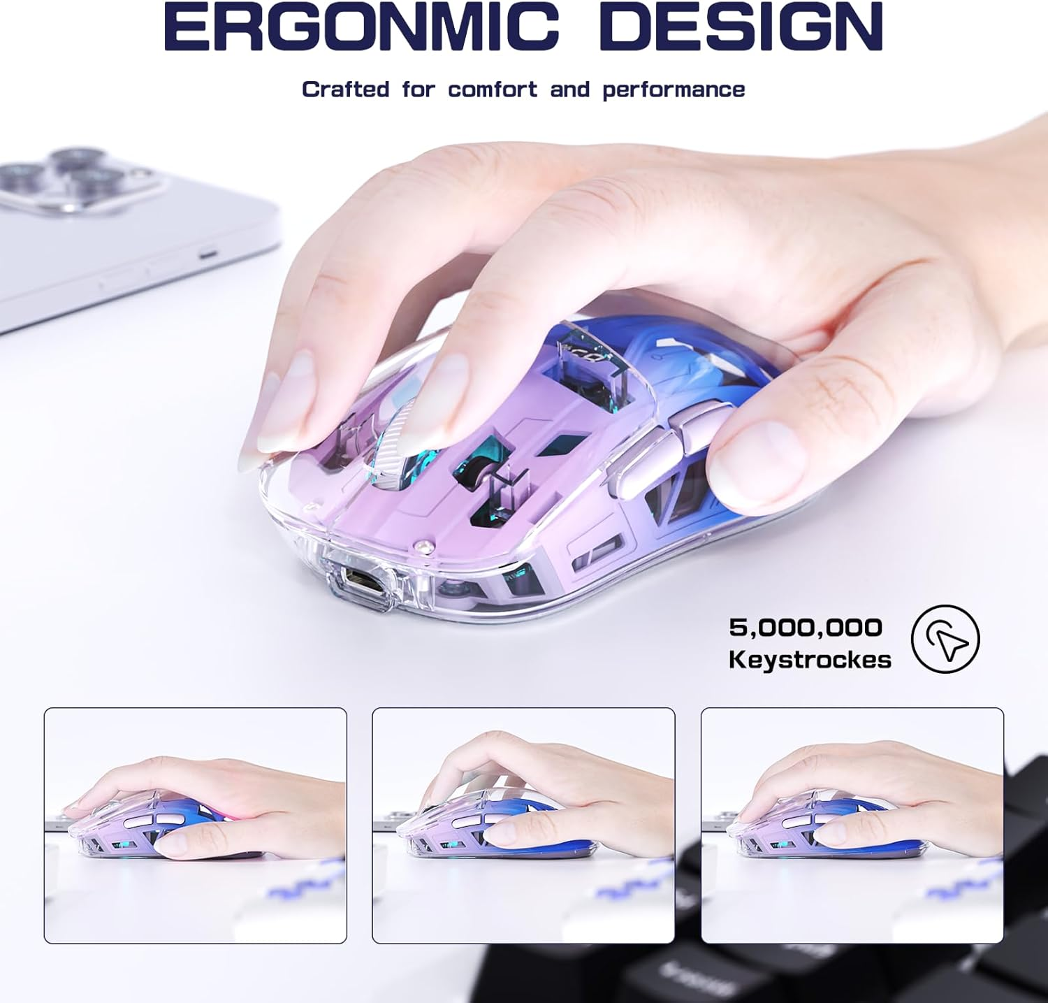 A2 Wireless Gaming Mouse, Dual Mode 2.4G/Bluetooth PC Gaming Mice, Ergonomic RGB Mouse with Battery Display Screen, Transparent Shell, Pixart 3212, 4000 DPI, for Win/Mac, Twilight Purple - Glazed White image number 4