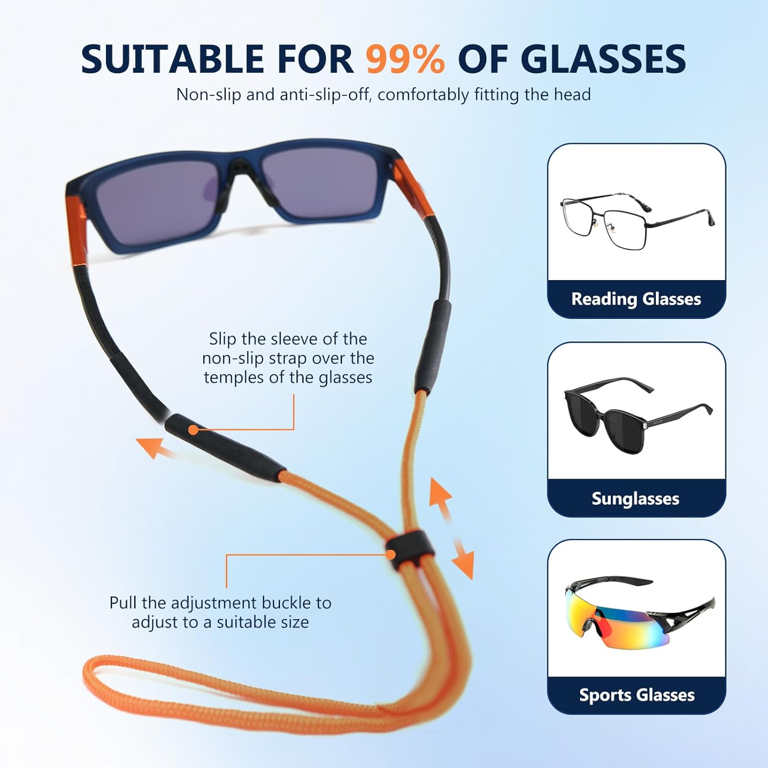 80Days Adjustable Eyeglass Strap: Nylon Retainer for Glasses and Sunglasses with Silicone Grips, Secure Fit - Black-2Pcs image number 3