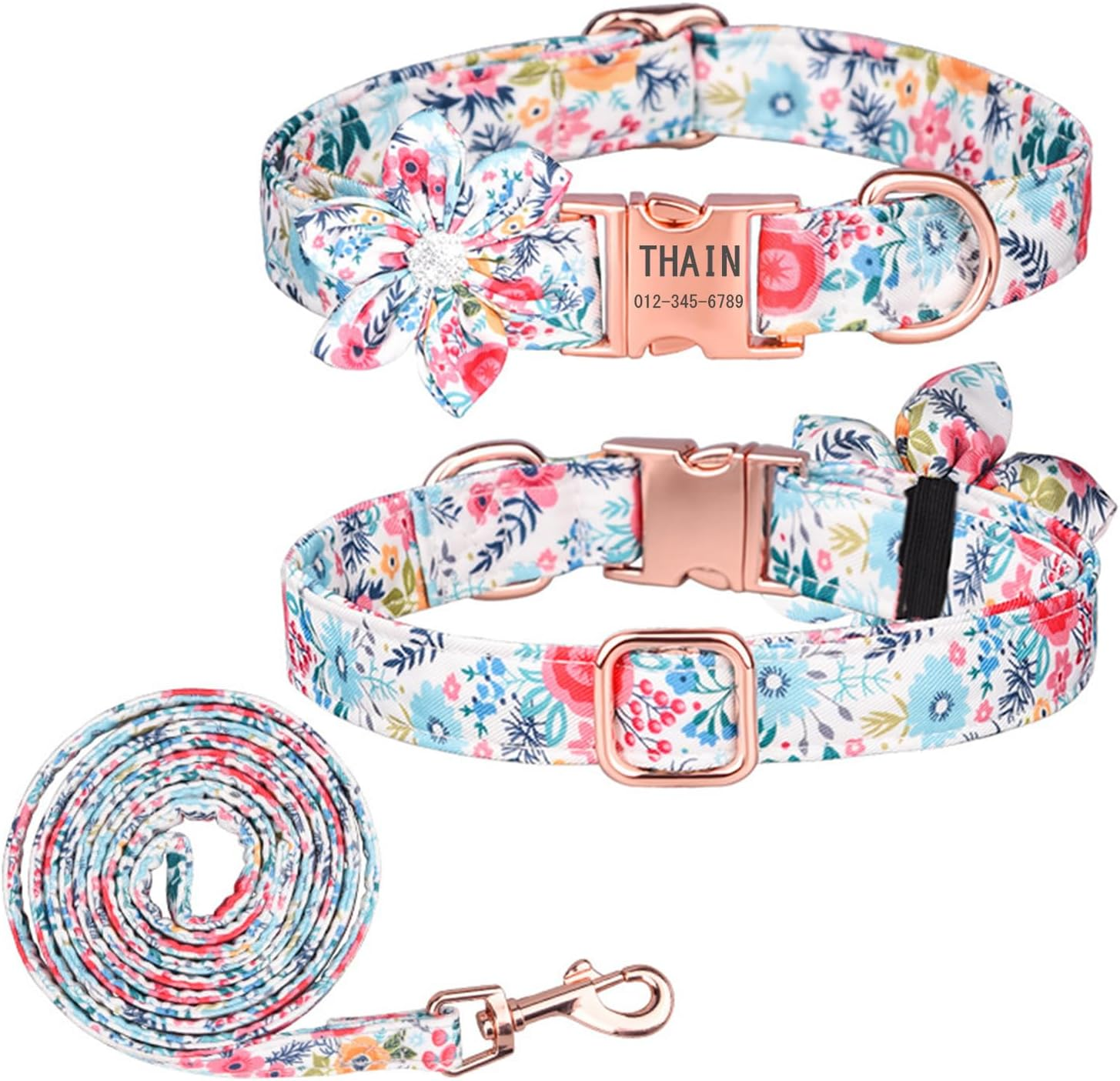 THAIN Custom Flower Girl Dog Collar Personalized for Female Dogs- Floral Pattern Engraved Pet Collars with Name Personalized Rose Gold Buckle (L(Neck 14.9-23.6"), White Flower Set) image number 1