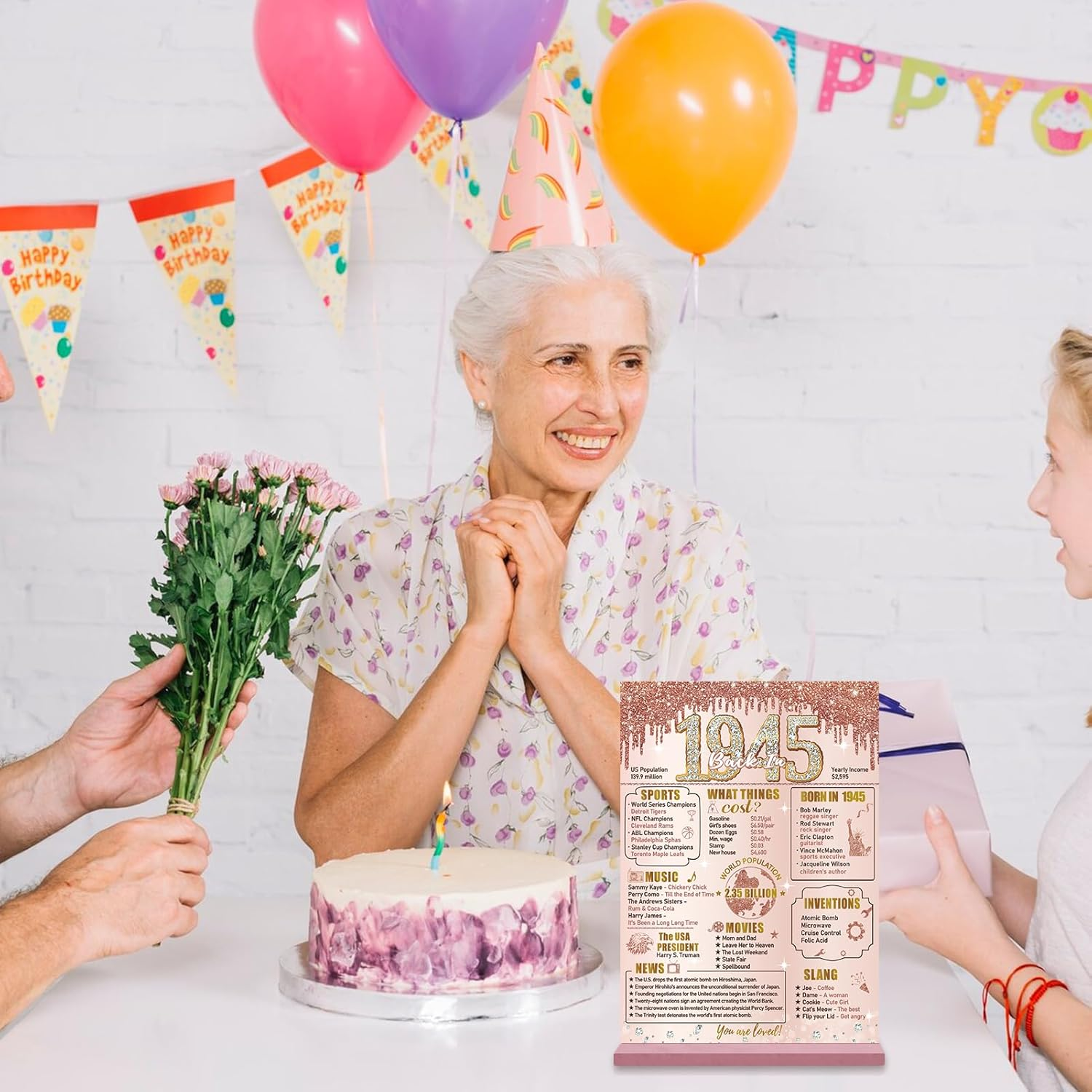 Bumqviy Happy 80Th Birthday Decorations Back in 1945 Table Sign for Women, Pink Rose Gold Happy 80 Birthday Two-Sided Wooden Poster with Stand, Eighty Year Old Birthday Gift Party Supplies image number 5