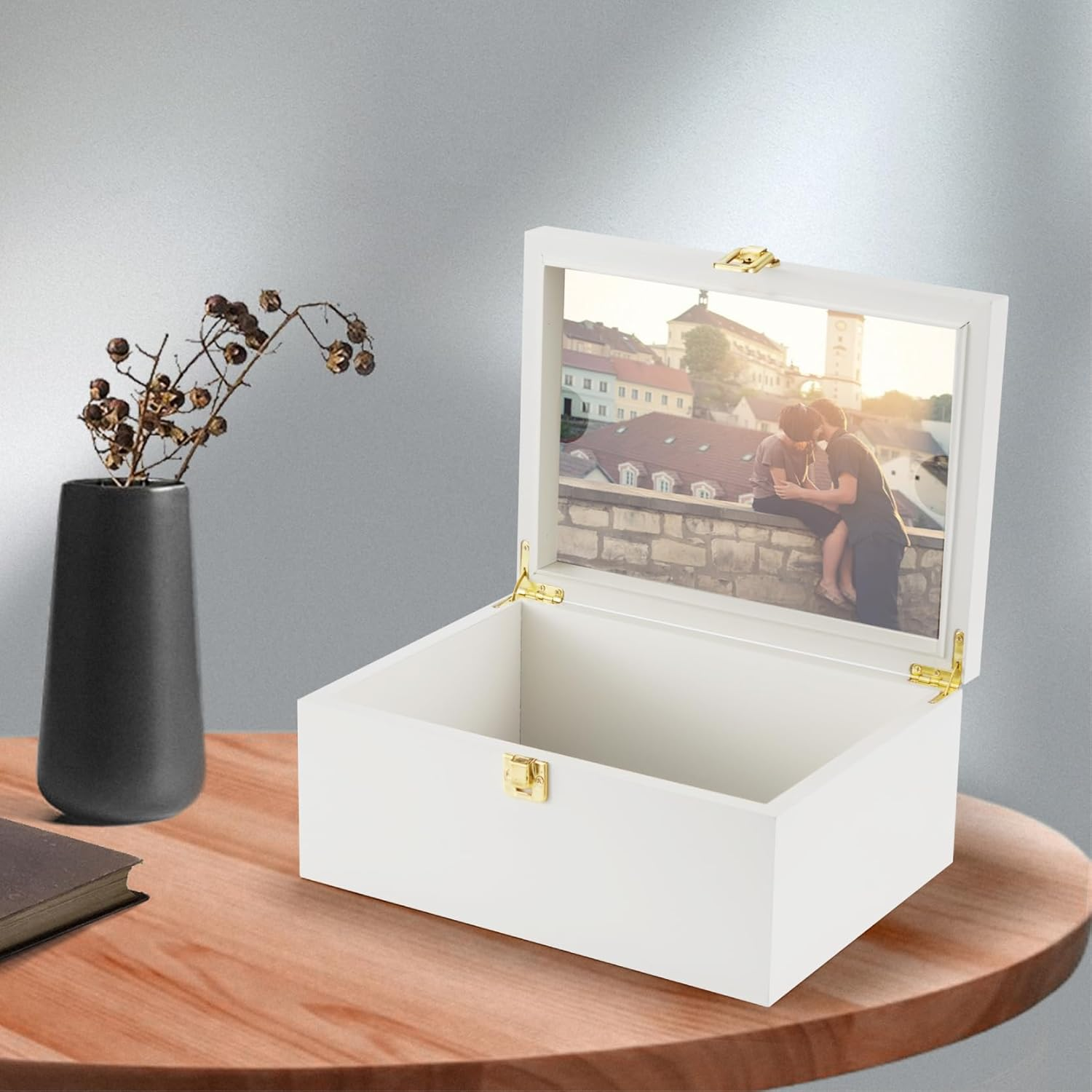 Larger Wooden Memory Keepsake Boxes with Hinged Lids and a Photo Frame inside the Lid - Decorative Storage Box with a Hinge Lids for Picture Letter Time Capsule - 5.3&ldquo;*8.6&rdquo;*11.7&ldquo; Off-White - Black image number 6