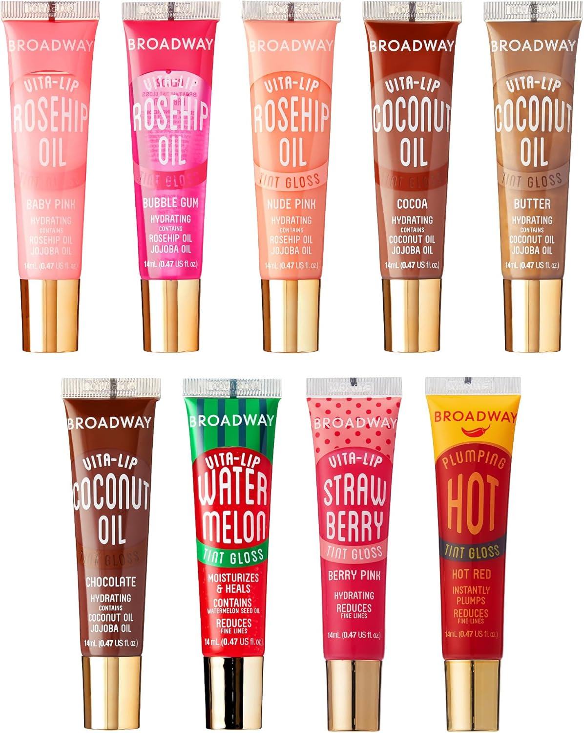 Ruby Kisses Broadway Vita-Lip Tinted Lip Gloss (9 Pack) Ultra-Hydrating, Nourishing, Soothing Formula with Vitamins, High-Shine Non-Sticky Lip Balm with Rosehip+Coconut Oil, Pink, Red & Brown Shades image number 4