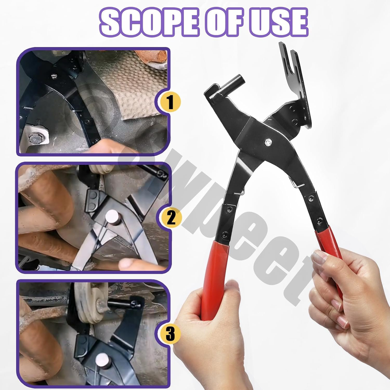 Swpeet 3Pcs 10 Inch Exhaust Hanger Removal Pliers and 4 Hole Exhaust Hanger Rubber Set, Universal Exhaust Insulators Muffler Hangers Removal Tool, 25 Degree Offset for Access in Hard to Reach Place image number 4