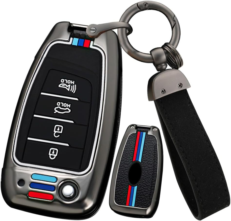 Ontto Zinc Alloy Car Key Fob Cover Fit for Hyundai Elantra Solaris Tucson I30 I35 I40 KONA Genesis Santa Fe Azera Folding Key Case Keyring Key Shell Holder Bag Keychain Accessories 3 Button Black