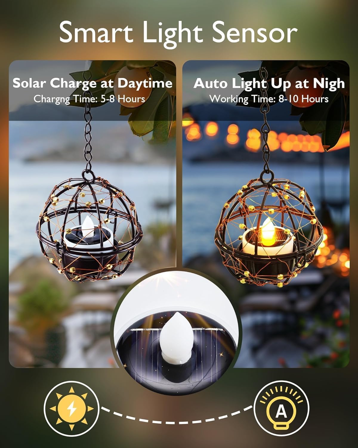 Solar Powered Tea Lights Outdoor Waterproof Hanging Lanternsoutdoor, Globe Hanging Candle Holder with Flickering , Chargeable Chandelier Light for Backyard Patio Garden Fence Tree Decoration, 4Pack image number 6