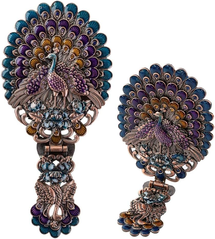 Nerien Women'S Antique-Style Foldable Metal Phoenix Cosmetic Mirror Peacock Vanity Mirror Portable Handle Mirror Copper - Copper-1 image number 1