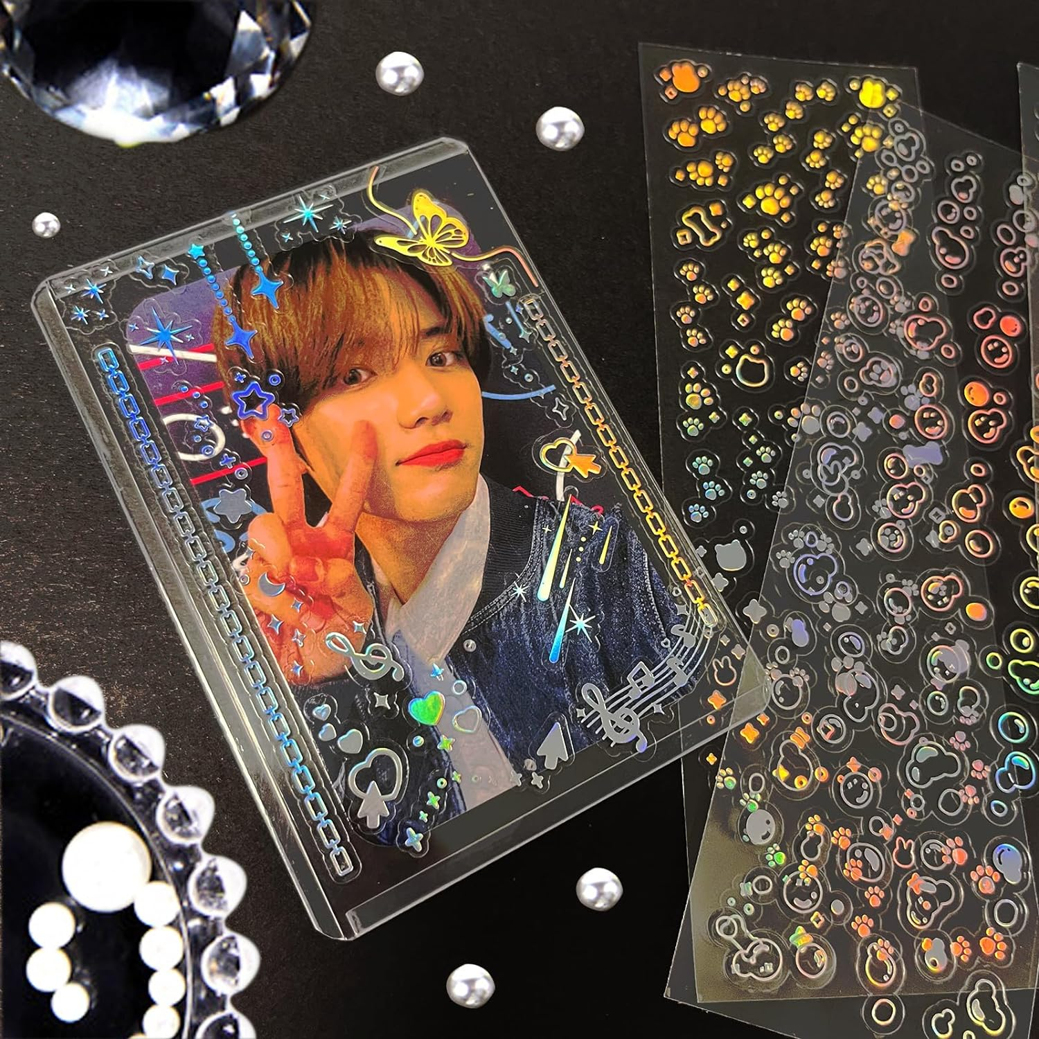 Holographic Kpop Deco Stickers, 24 Sheets Korean Self Adhesive Clear Glitter Star Moon Butterfly Bubbles Decals for Album Photocards Scrapbook Journal Planner DIY Decoration image number 5
