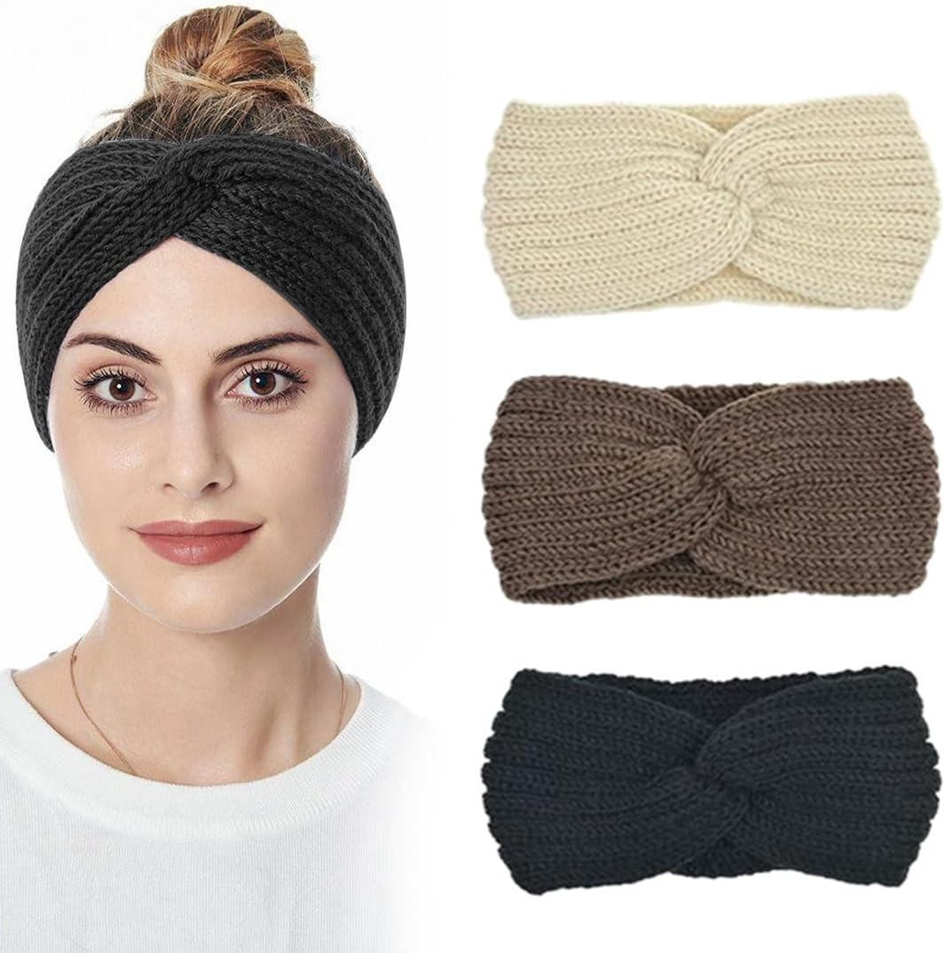 3 Pieces Knitted Headband Winter Women Winter Hair Bands for Women Knitted Hair Bands Winter Crochet Head Wrap Beige Black Khaki