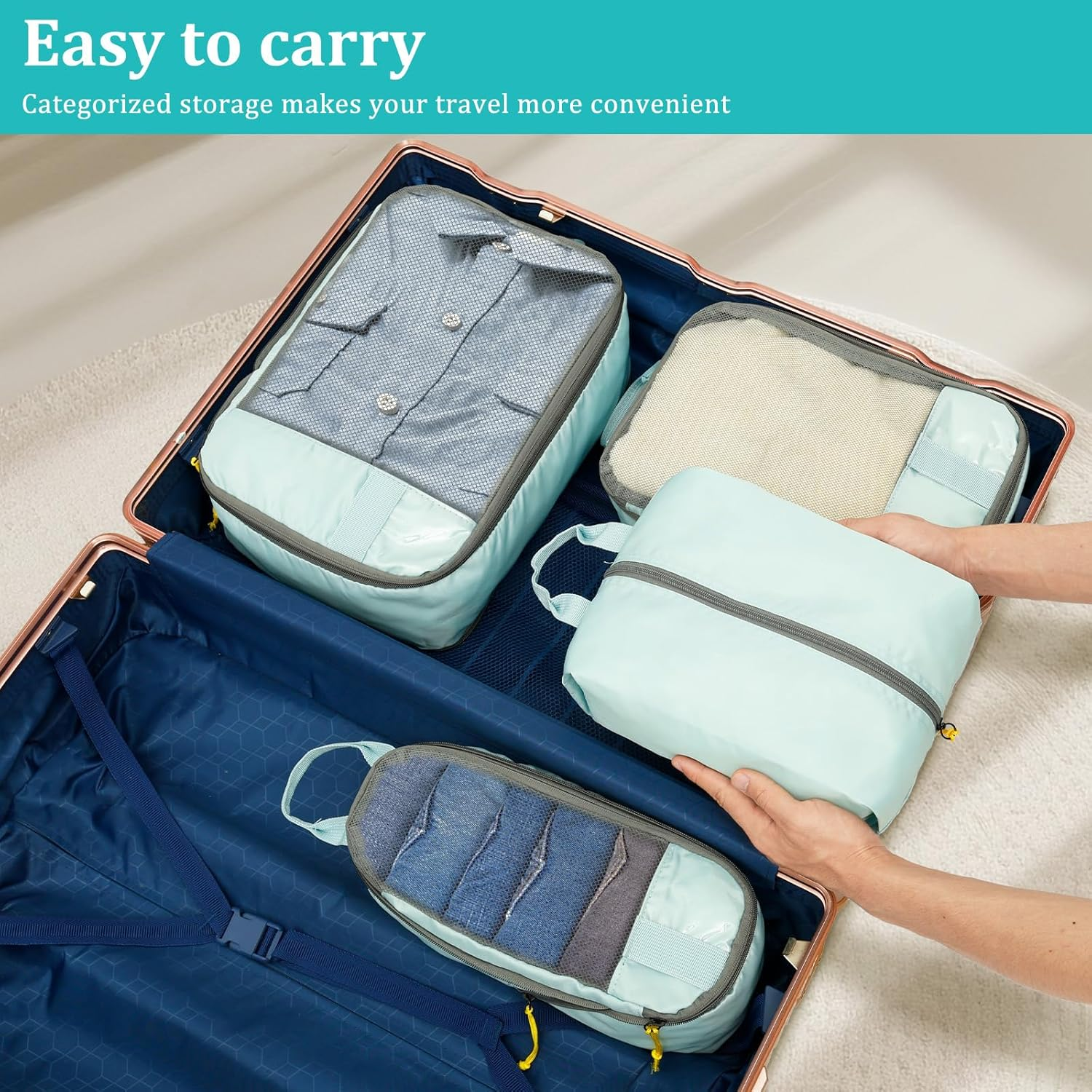 4Pcs Travelling Storage Bag Set,Compression Packing Cubes with Handle,Lightweight Luggage Organizers,Machine Washable image number 4