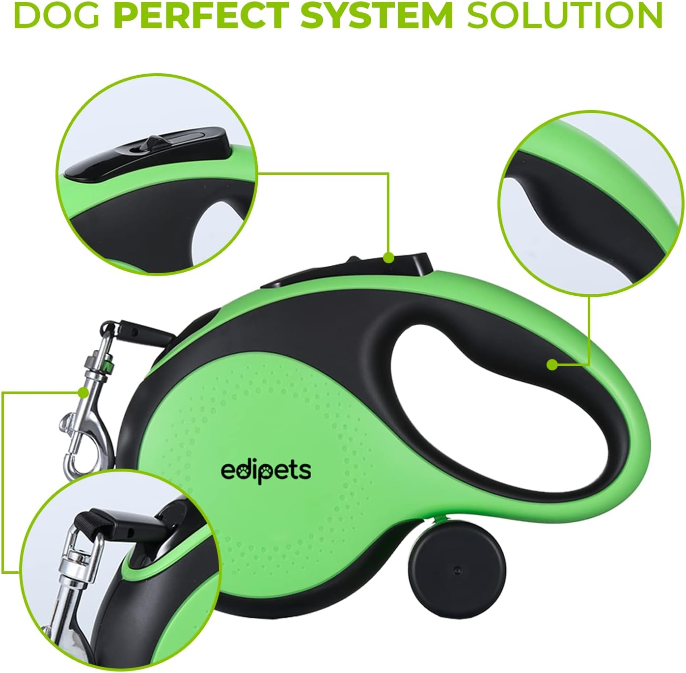 Edipets, Retractable Dog Leash, 5 Metres, Includes Bag Dispenser, Flexible Tape for Training and Walking, for Small, Medium and Large Dogs (Green, 5 Metres) image number 2