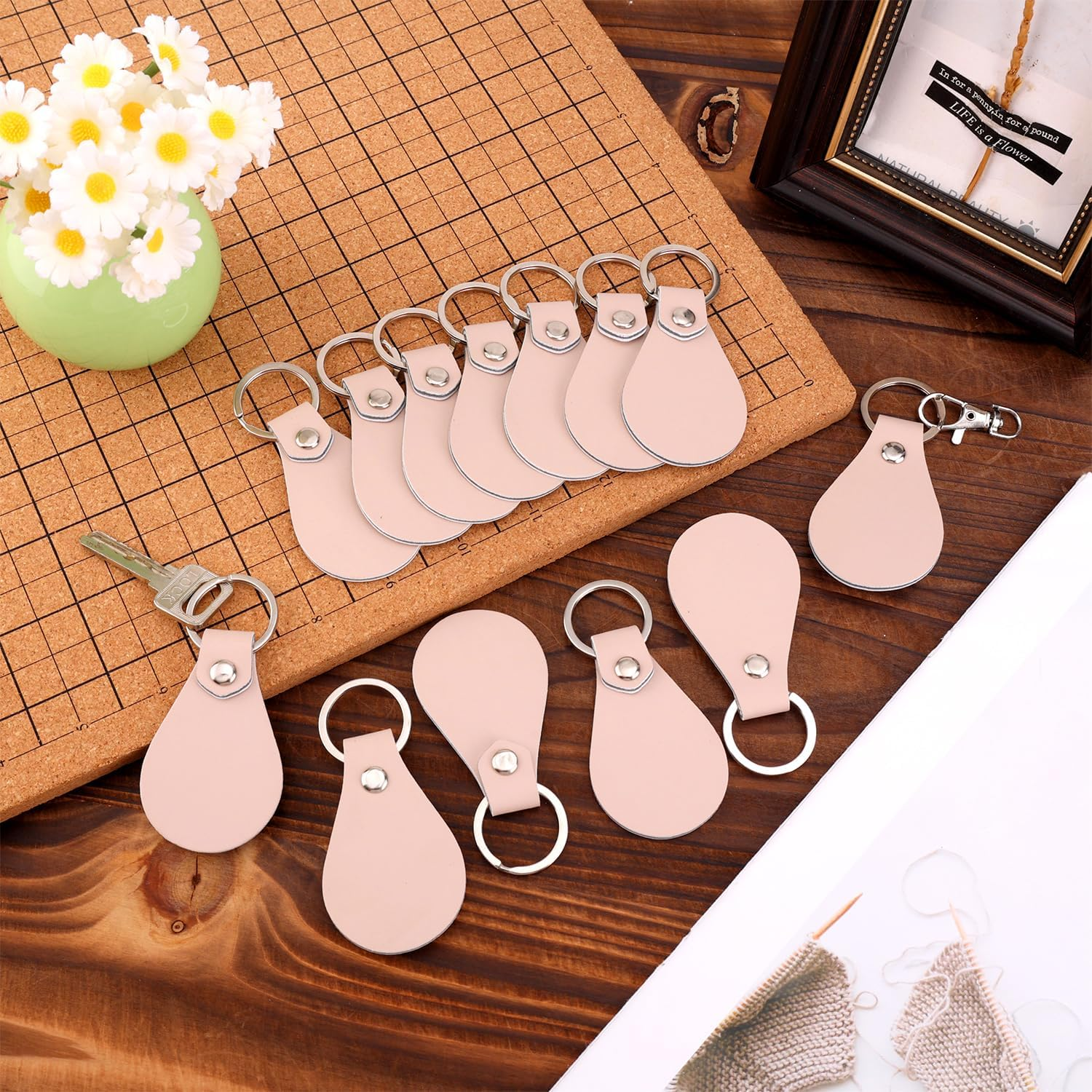 Gosknor 20Pcs Leather Keychain Kit, PU Leather Keychain Blanks with Lobster Clasps and Key Rings, Beige image number 3
