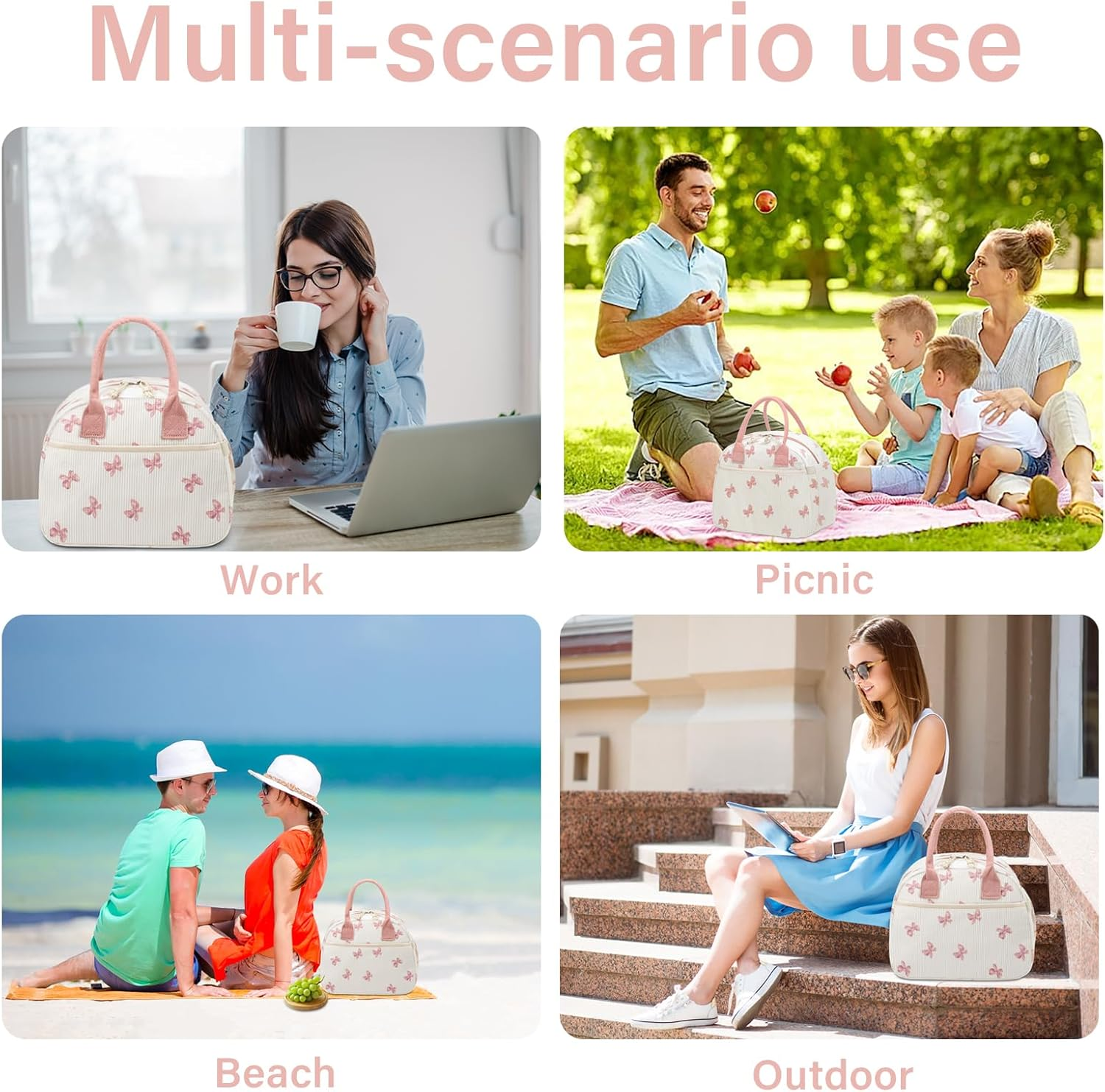 Carry Bloom Lunch Box for Women, Insulated Lunch Bag Cute Corduroy Lunchbag Reusable Lunchbox for Work (Bow Pink) - 1 Green White Stripes image number 4