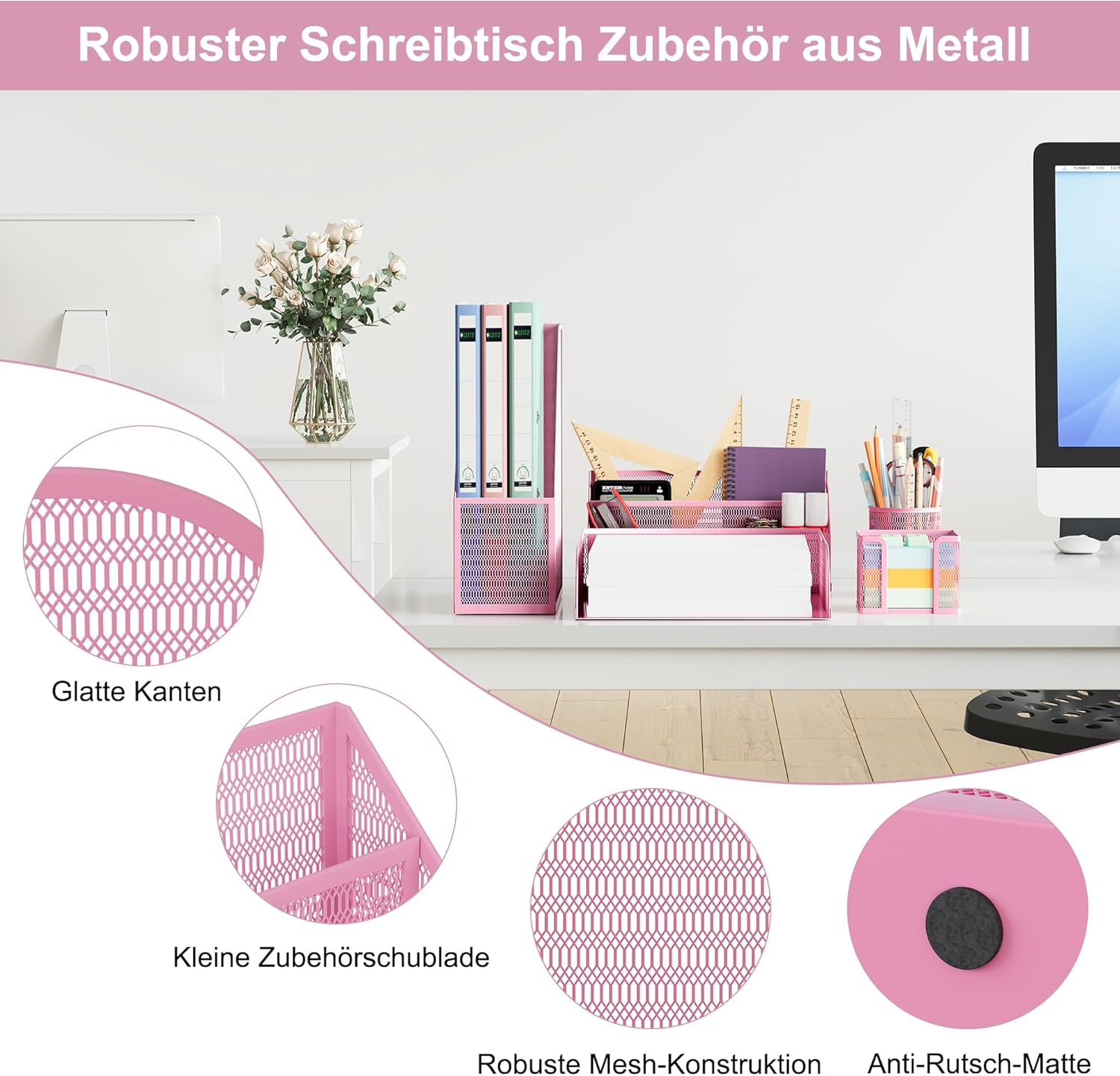 Solinxe Desk Organiser Set Made of Metal - Document Tray A4 Paper Letter Tray Pen Holder Letter Holder and Sticky Note Holder, Pink image number 3