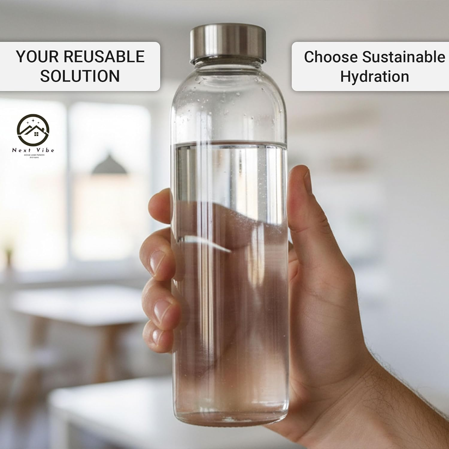 Next Vibe - Glass Water Bottle 500 Ml &ndash; Bpa-Free Reusable Drinking Bottle with Leak-Proof Lid & Protective Sleeve &ndash; Eco-Friendly, Durable,High Borosilicate Glass with Stainless Steel Lid image number 2