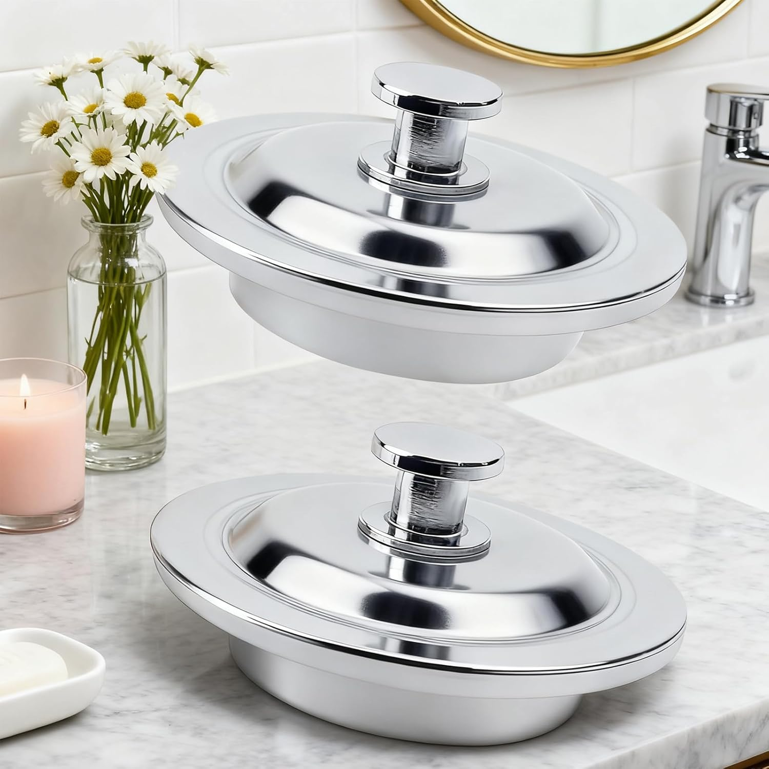 Loimon Universal Drain Plug 42-44Mm, Stainless Steel Bath Sink Stopper with Silicone Seal - Basin Waste Plug Replacement for Kitchen Sink, Bathroom Vanity & Bathtub (2 Pack, White)