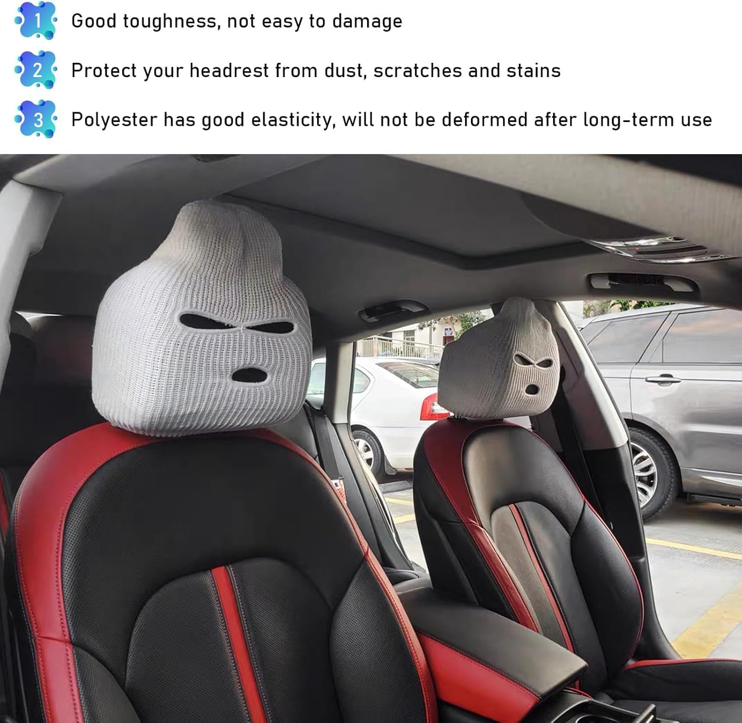 2 PCS Car Headrest Cover, Personalized Funny Car Seat Full Face Mask, Ski Mask Wrap Protection for Auto Front Seat Rest Decoration, Universal Interior Car Accessories (White) image number 4