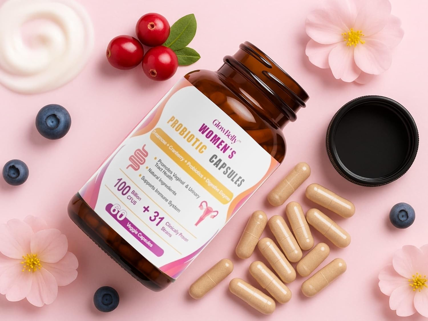 Glowbelly Women&rsquo;S Probiotic | 100 Billion CFU | 31 Strain Broad-Spectrum Blend with Prebiotics, Digestive Enzymes, Cranberry & D-Mannose | Vegan | 60 Shelf-Stable Veggie Capsules image number 6