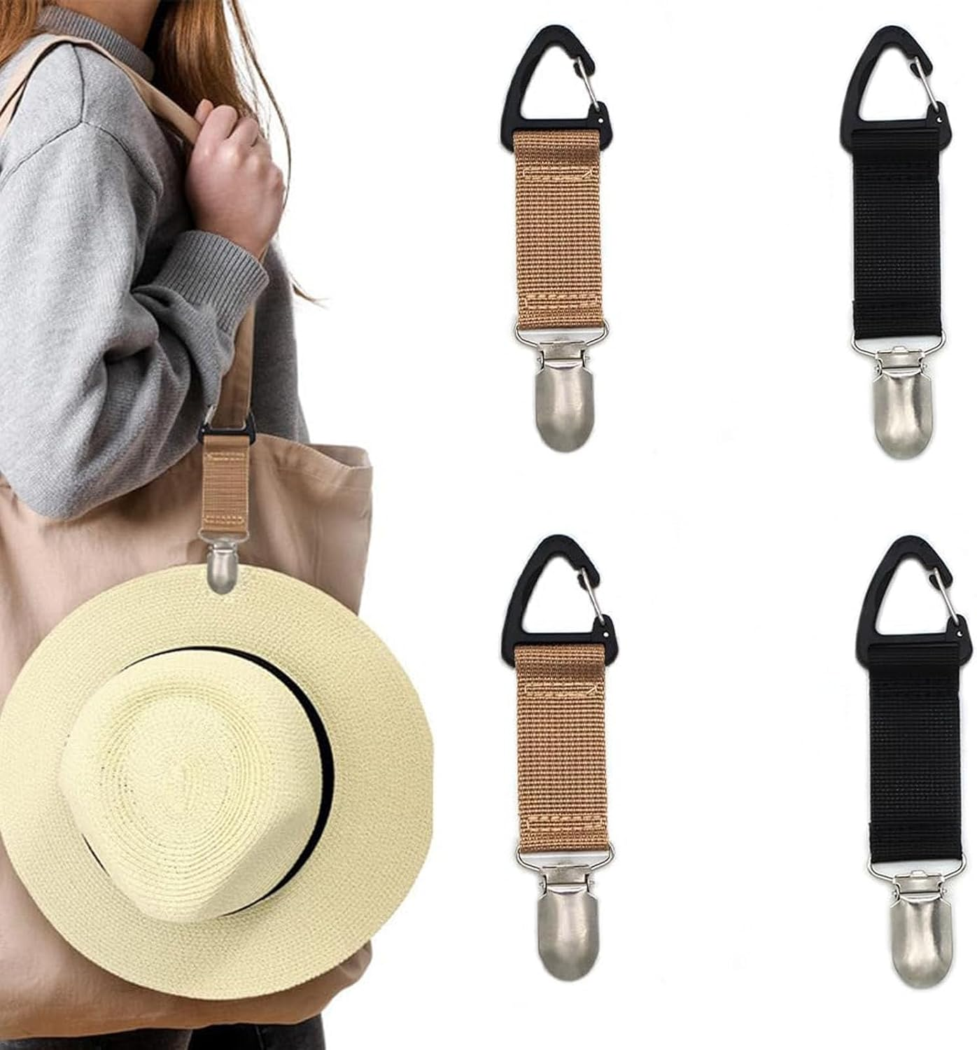 4 Pack Travel Hat Clip Elastic Hat Holder for Purse Hands-Free Bag Accessory for Traveling Bags Backpacks Purses Luggage Outdoor Travel Accessory, Black, Khaki, One Size image number 4