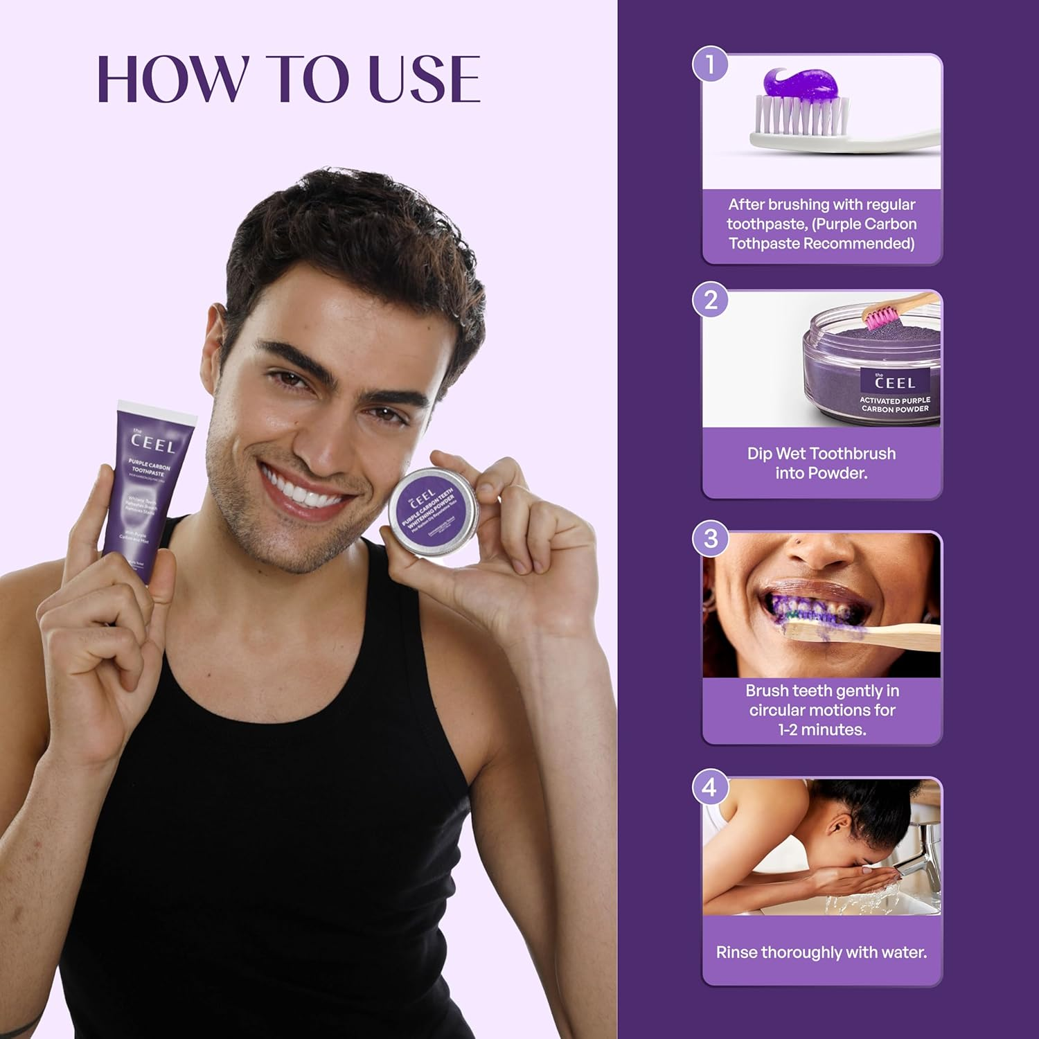 Purple Teeth Whitening Tooth Powder with Activated Charcoal & Mica - Color Correcting Yellow Teeth Oral Care Formula with Mint & Xylitol - Fresh Breath, Healthy & Brighter Smile - 50G