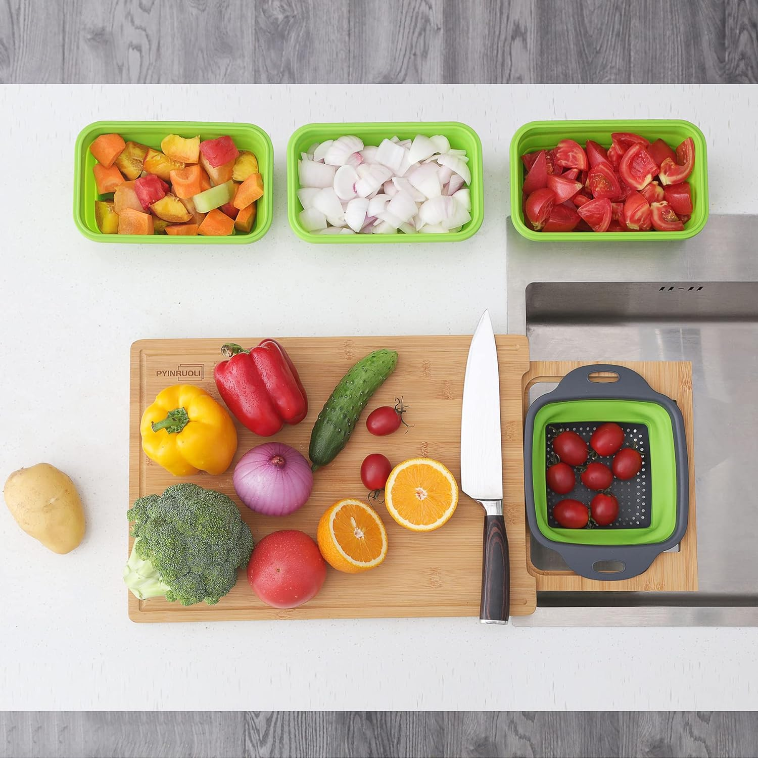 Expandable Bamboo Cutting Board with Containers,Over the Sink Cutting Board for Kitchen,Meal Prep Deck for Food (Green) image number 1