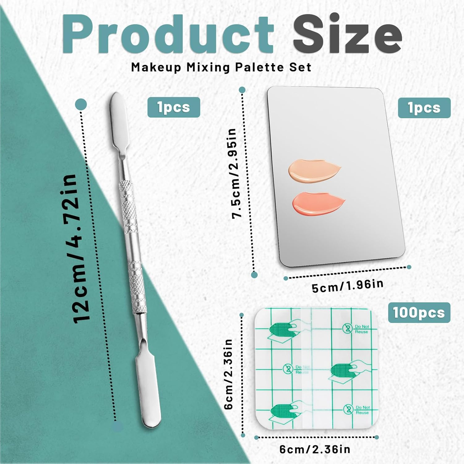 Makeup Mixing Palette Set Includes Make up Spatula, 100 Pieces of Makeup Hand Palette Single Use Cosmetic Tape, Foundation Palettes with Finger Ring on the Back for Make up Artist (Silver) image number 3