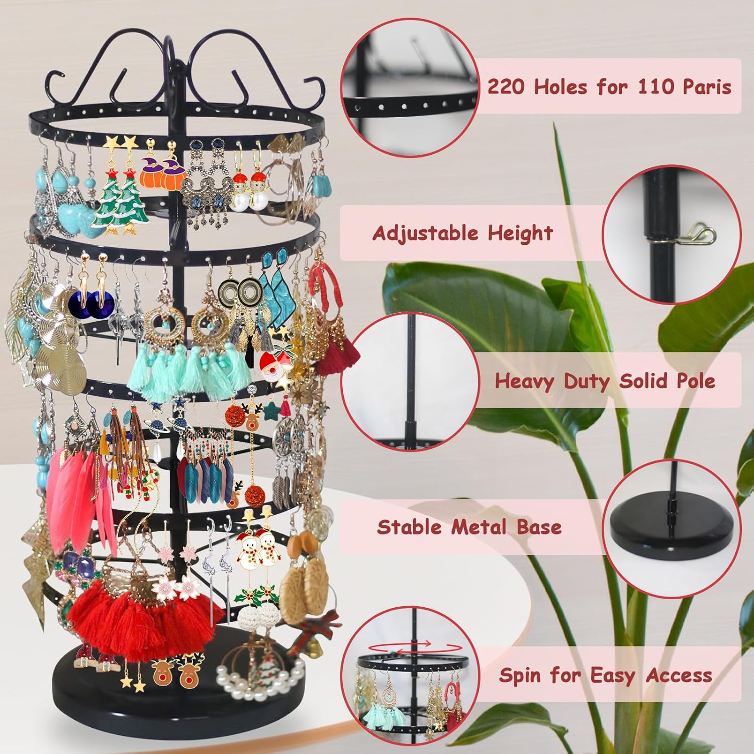 5 Tiers Rotating Earring Holder Organizer, Metal Spinning Earring Display Stand 220 Holes - Adjustable Earring Storage Rack - Earring Tree Organizer for Girls Women (Black)