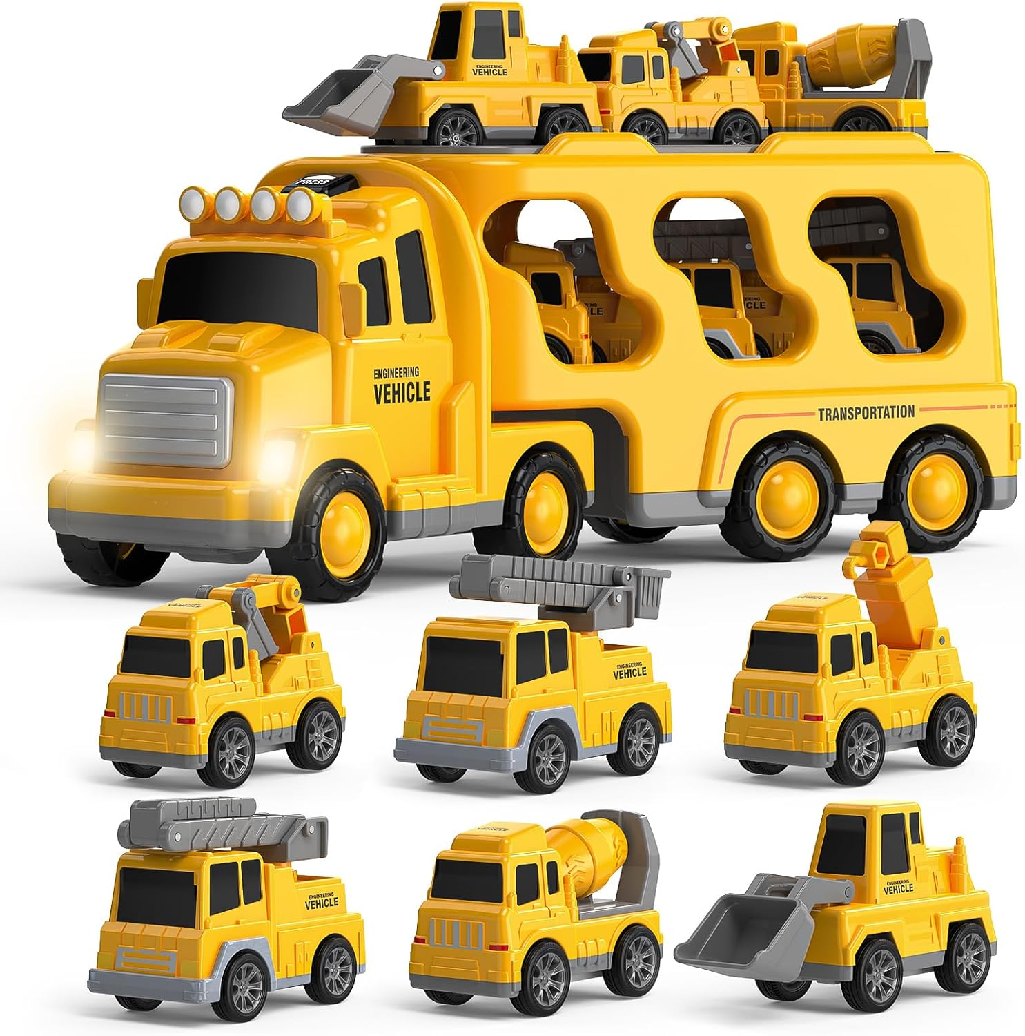 Skirtoy Construction Truck Toys Toddlers 3 4 5 6 7 Years Old,7 in 1 Truck Friction Power Toy Car with Light and Sound Transport Vehicle Carrier Truck, Car Toys Set for Boys & Girls 3-5 Years Old