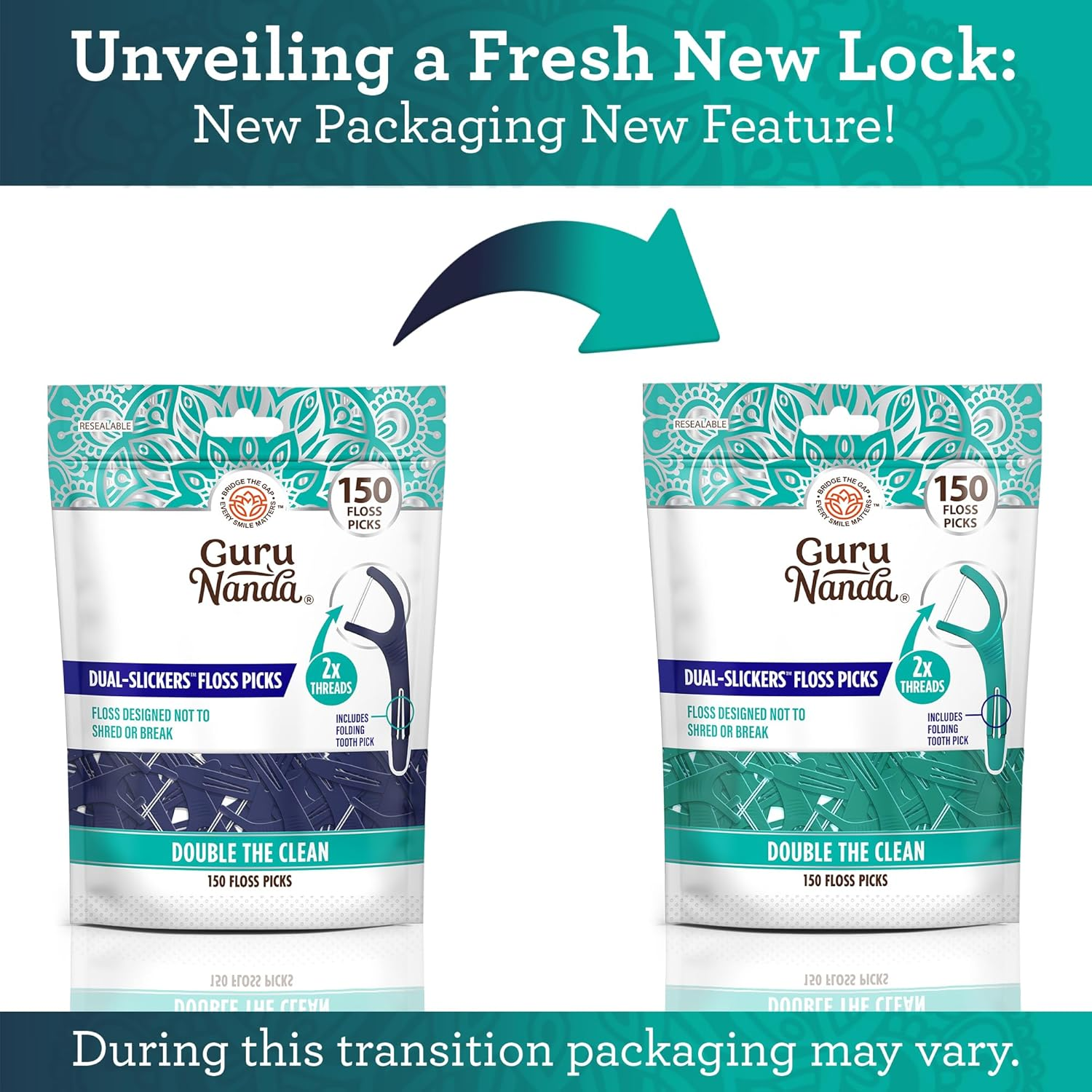 Gurunanda Dual Slickers Floss Picks - Double Threaded Dyneema Dental Floss with Foldable Toothpick for Effective Plaque Removal - Unflavored- 150 Ct image number 1