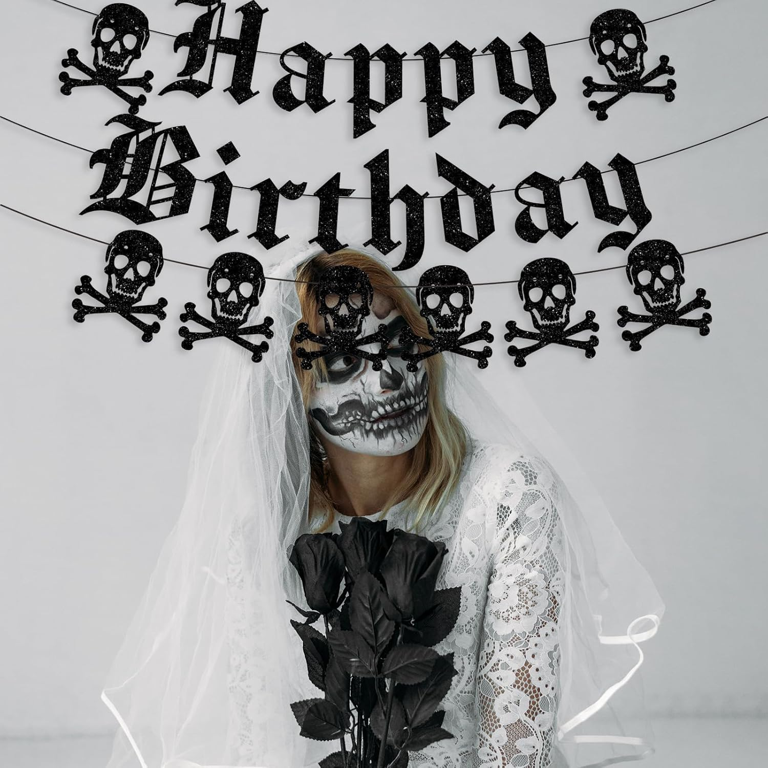 Gothic Happy Birthday Banner Black Glitter Old English Skull Garland Funny Funeral Birthday Banner for Scream Party,20Th 30Th 40Th Birthday,Gothic Birthday Decorations,Halloween Party image number 6