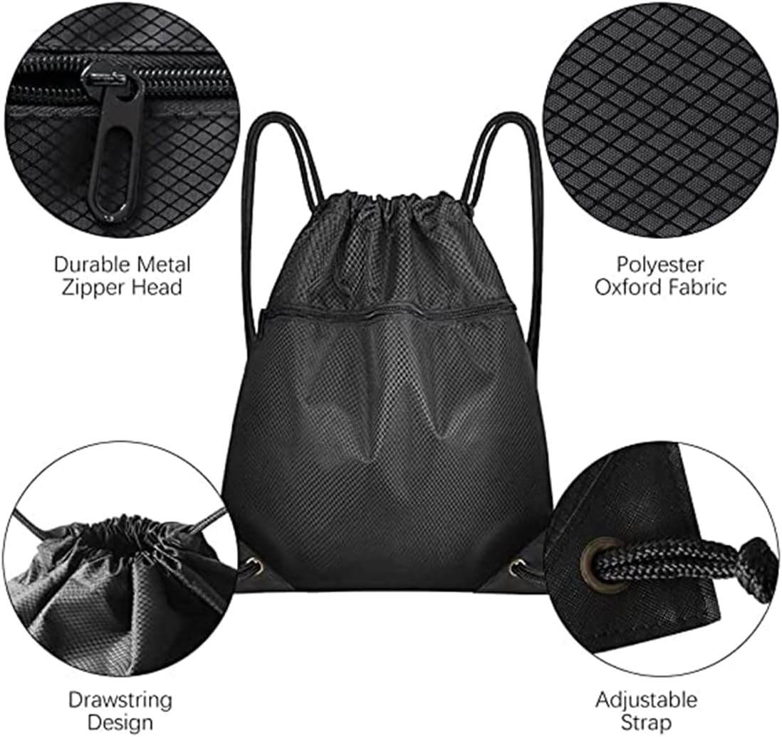 Drawstring Gym Bag, Sport Large Capacity PE Bag with outside Zipper Waterproof String Swim Backpack for Men & Women Boys Girls for Sports School Beach Holidays Swimming Travel Yoga image number 6