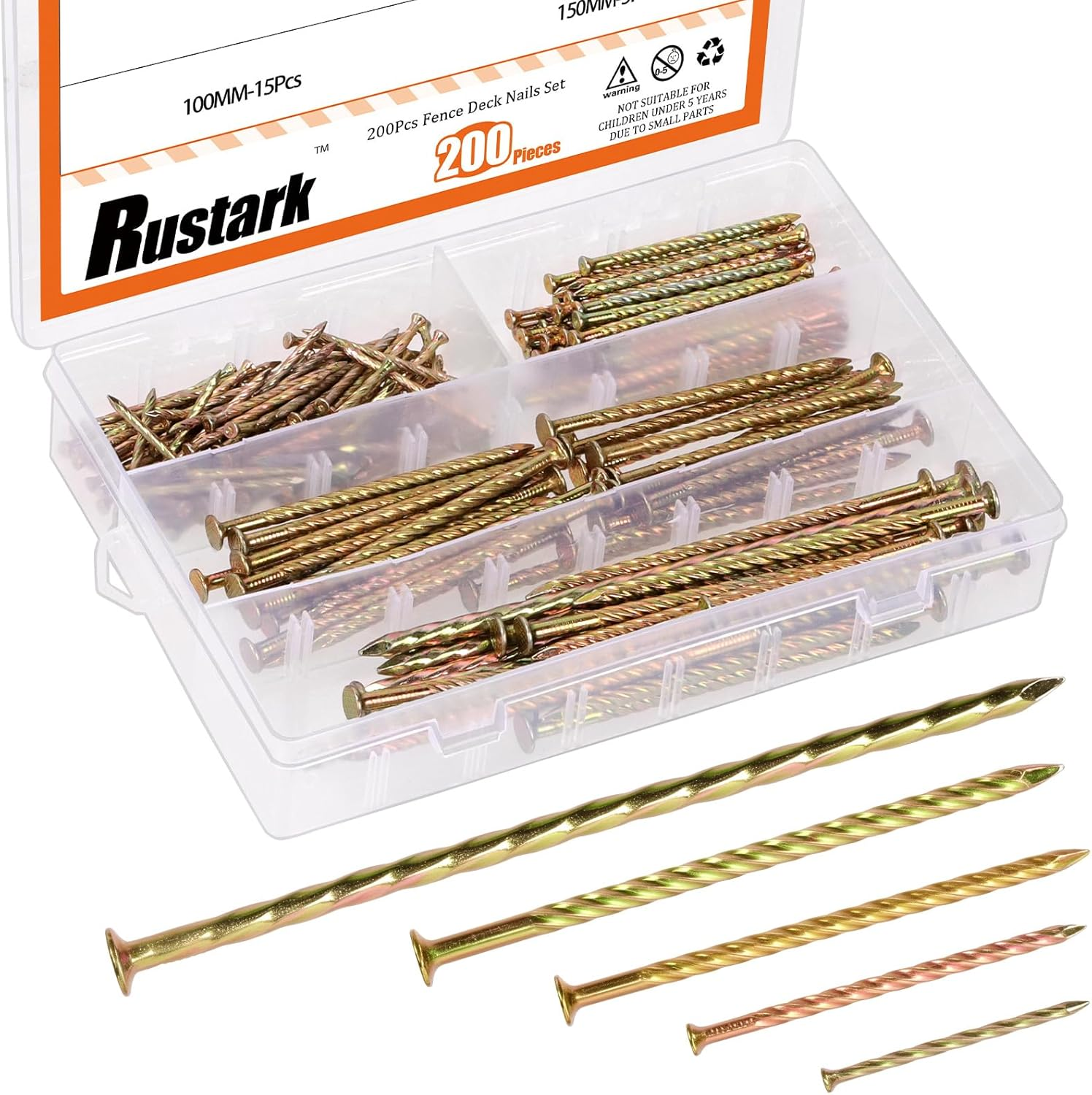 Rustark 200Pcs 5 Sizes Spiral Deck Nails Assortment Kit Fence Deck Nails Spiral Shank Deck Nail Floor Hardware Screw Nail for House Repairing Wall Floor image number 3