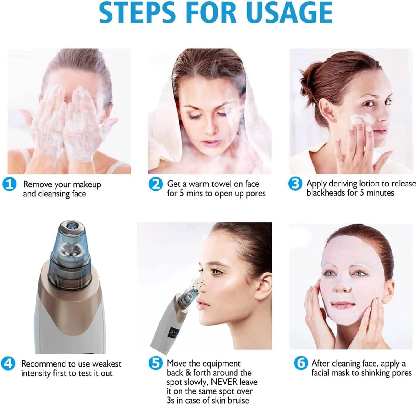 Annuoyi Blackhead Remover Vacuum, with 5 Detachable Facial Cleaning Suction Heads, USB Rechargeable Acne Removal Vacuum Kit, Suitable for Female and Male Facial Skin(White) image number 4