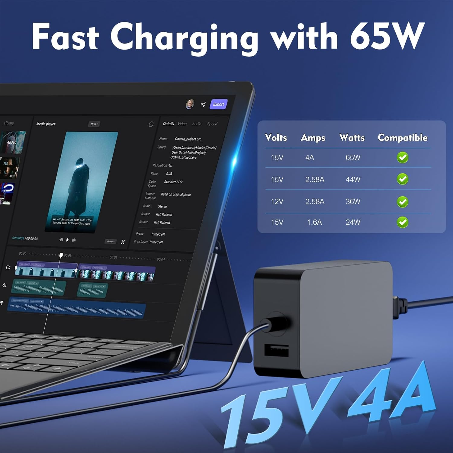 65W Power Adapter Charger for Microsoft Surface Pro 9/8/7+/7/6/5/4/3/ X, Power Supply Laptop Charger for Windows Surface 5/4/3/2/1 Studio,Surface Book 3/2/1,Support 65W&44W&36W&24W(10.8Ft Cord) image number 5