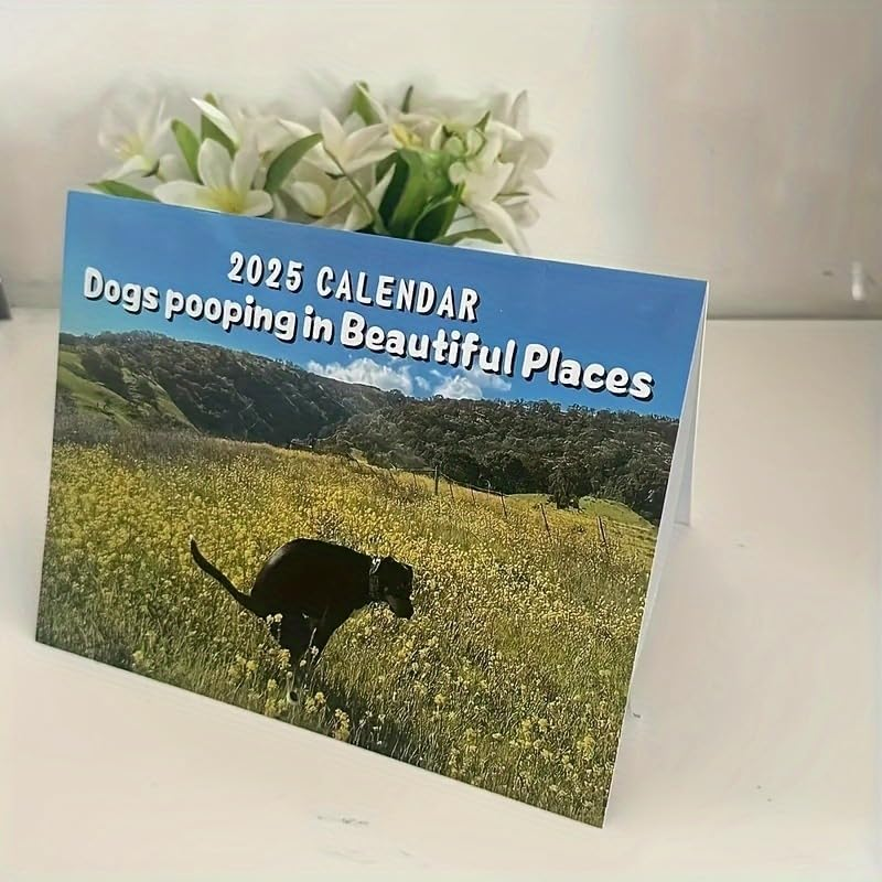 2025 Dogs Pooping in Beautiful Places Wall Calendar - Laminated, Everyday View, Humorous Canine Defecation in Scenic Settings, Monthly Grid Pages, Full-Year Planner