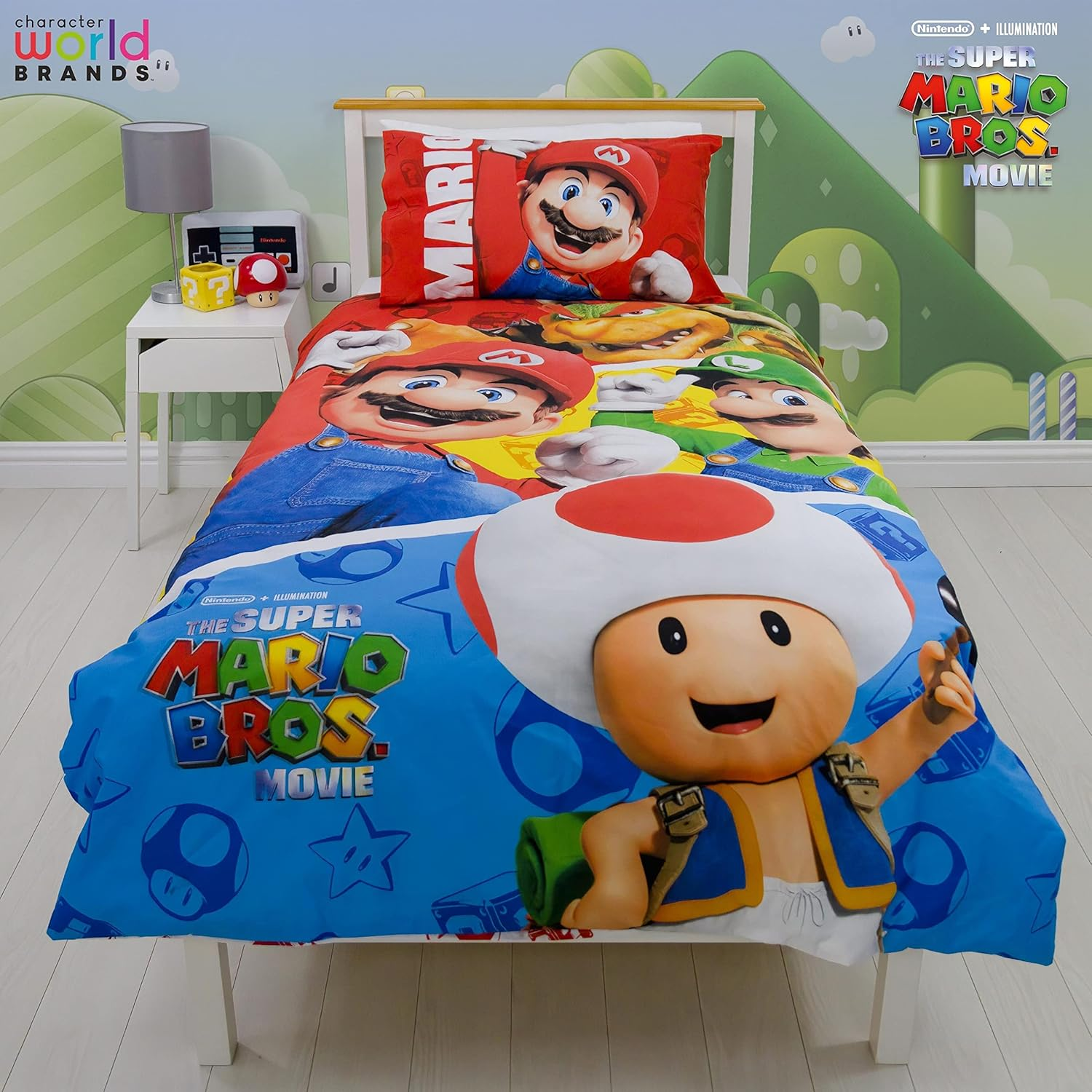 Character World Nintendo Super Mario Movie Official Single Childs Duvet Cover Set | Jump Design Reversible 2 Sided Bedding Including Matching Pillow Case Brands Single Bed Set | Polycotton image number 1