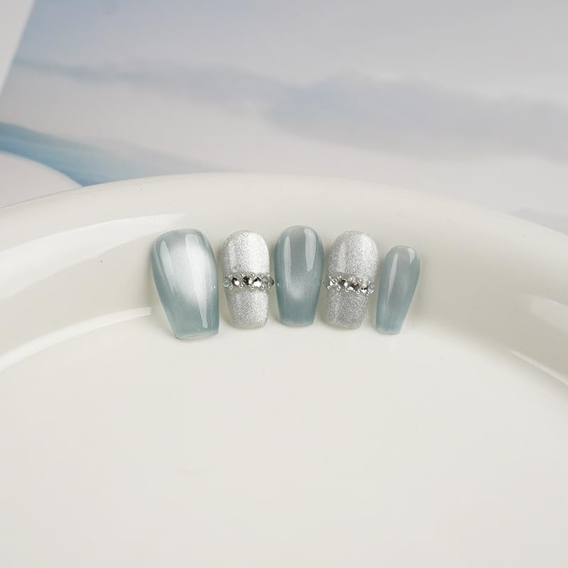 [GLORS] Purly Handmade Medium Ballerina Press on Nails | Blue False Nails with Rhinestones, 10 Pieces (XS, MB) image number 3