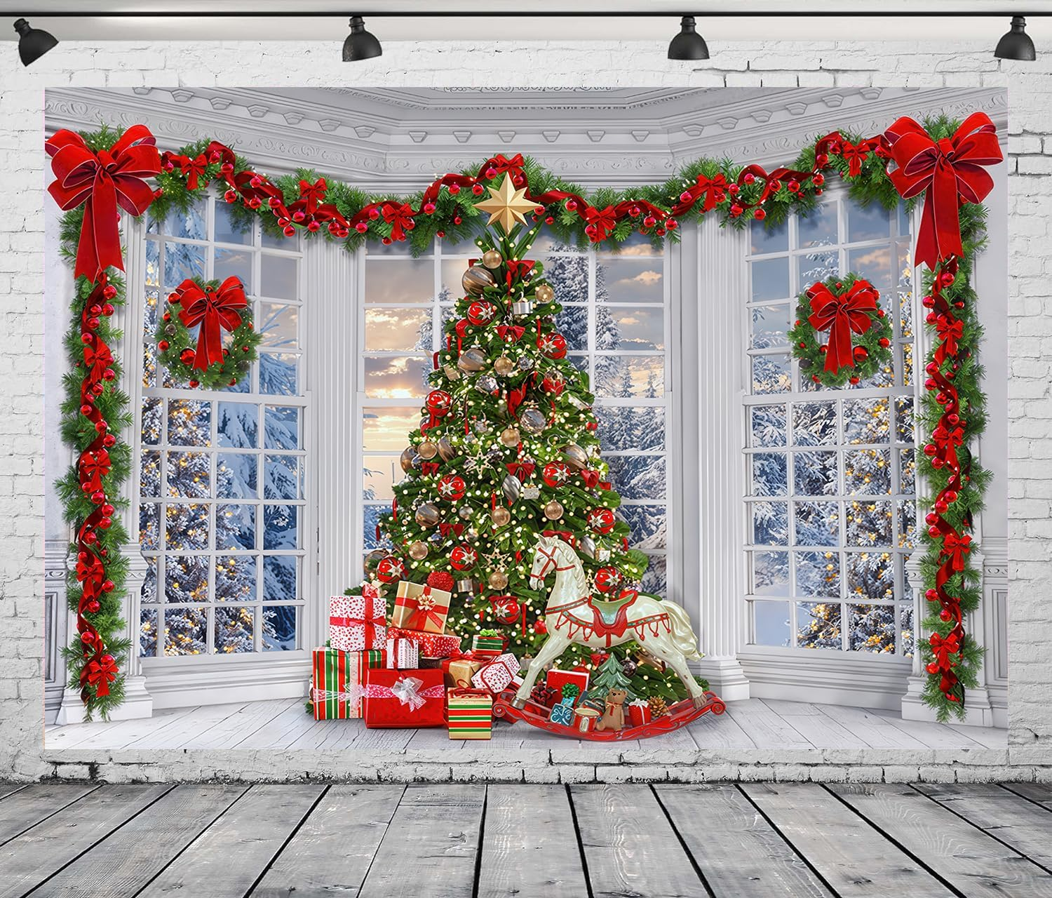 9X6Ft Christmas Window Backdrop for Photography Xmas Pine Tree Gifts Background Winter Snow Scene Merry Christmas Photo Backdrop Studio Props Banner image number 1