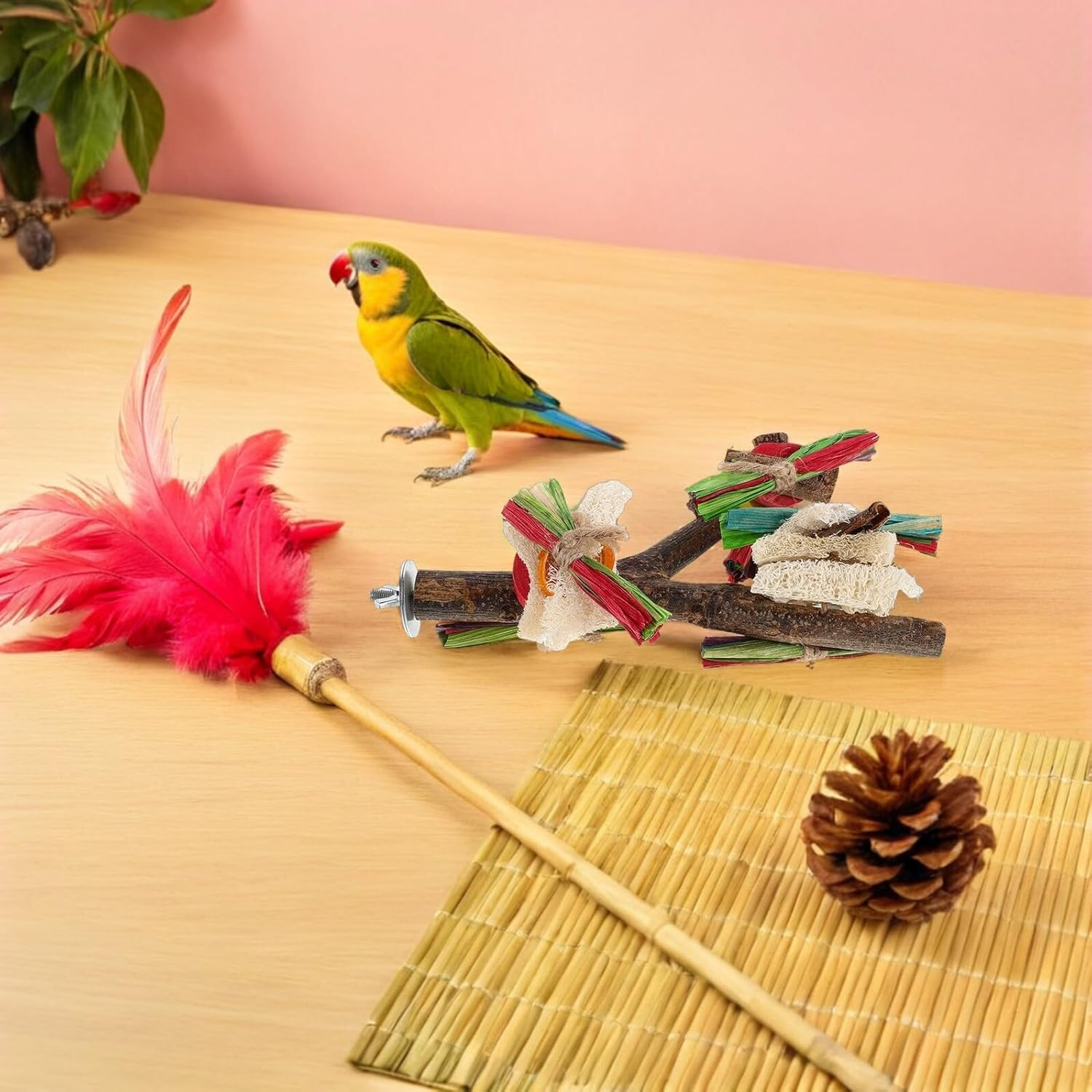 HINTRMENT 2PCS Natural Wood Parrot Stand Perch Branch Fork Play Platform for Cage Birds, Bird Tree Stand with Solid Wood Perch Sticks Suitable for Parakeet Macaw Cockatiel Conure image number 6