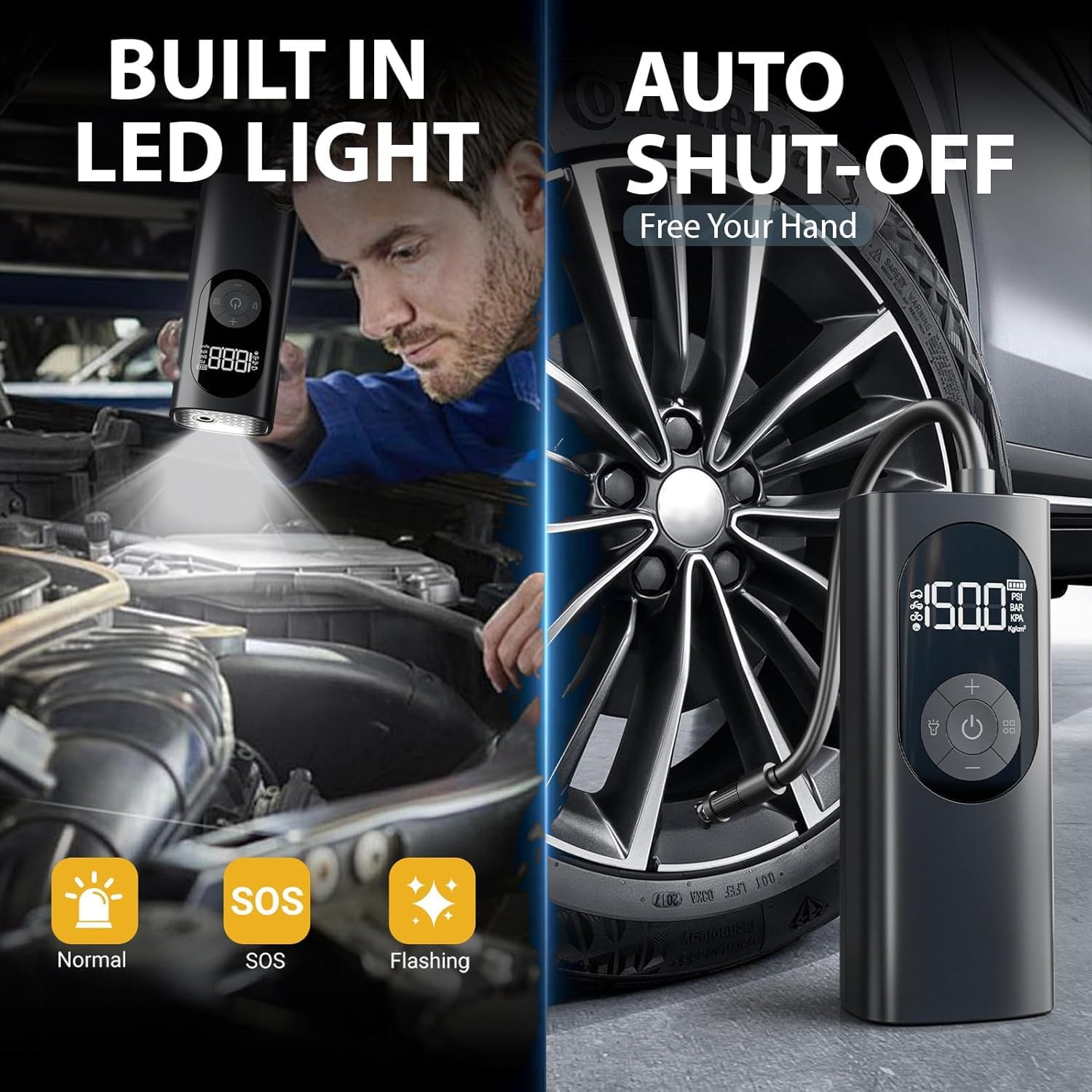 Car Tyre Inflator Air Compressor - Faster Inflation, Cordless Portable Air Pump, 150PSI Electric Tyre Pump with Digital Pressure Gauge & LED Light, Auto Shutoff, for Car, Motorcycle, Bike, Ball image number 5