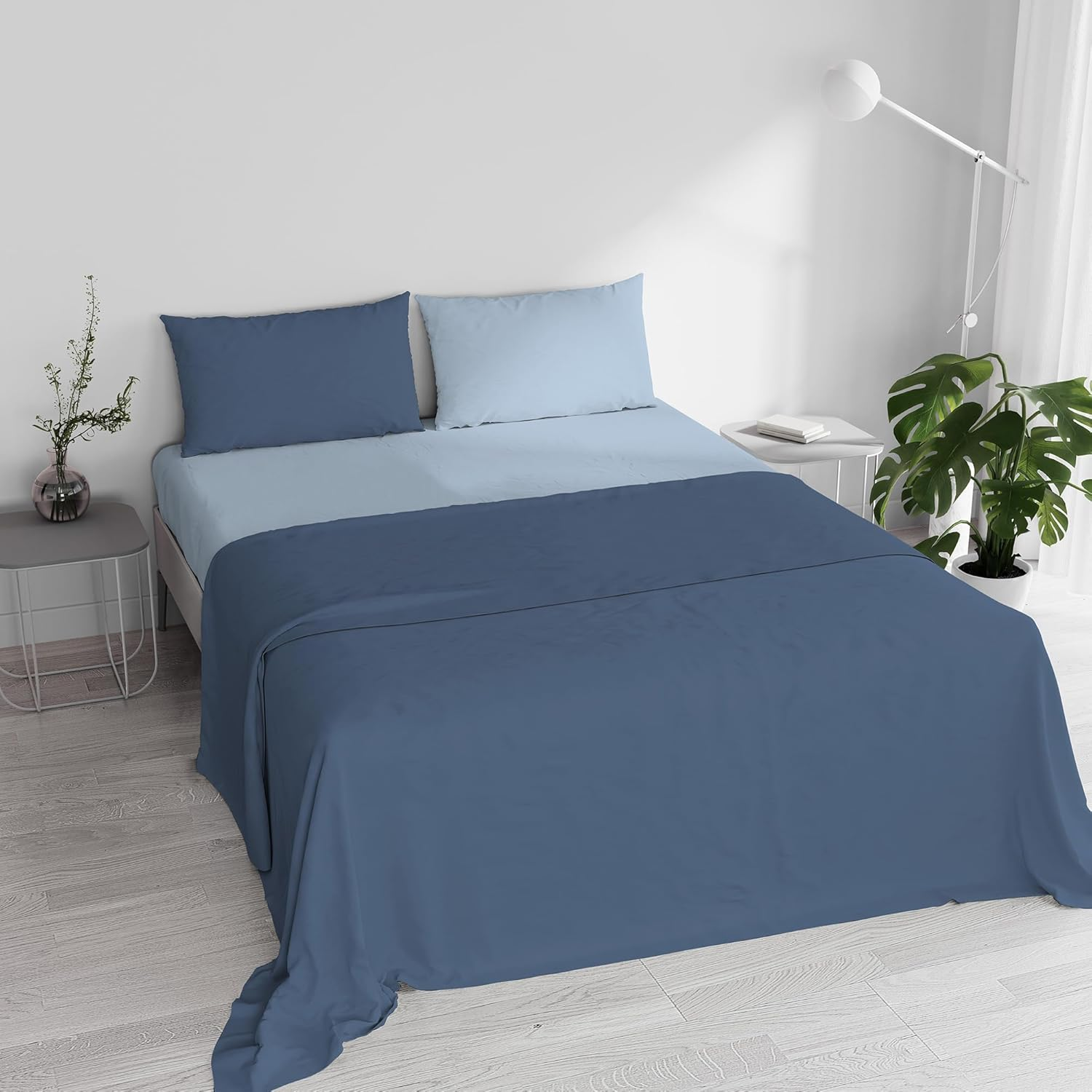 100% Natural Cotton Duvet Cover Set for Double Bed, Made in Italy, Fitted Sheet, Top Sheet 240 X 300 Cm and Pillowcases with Flap, Dusky Pink/Light Grey