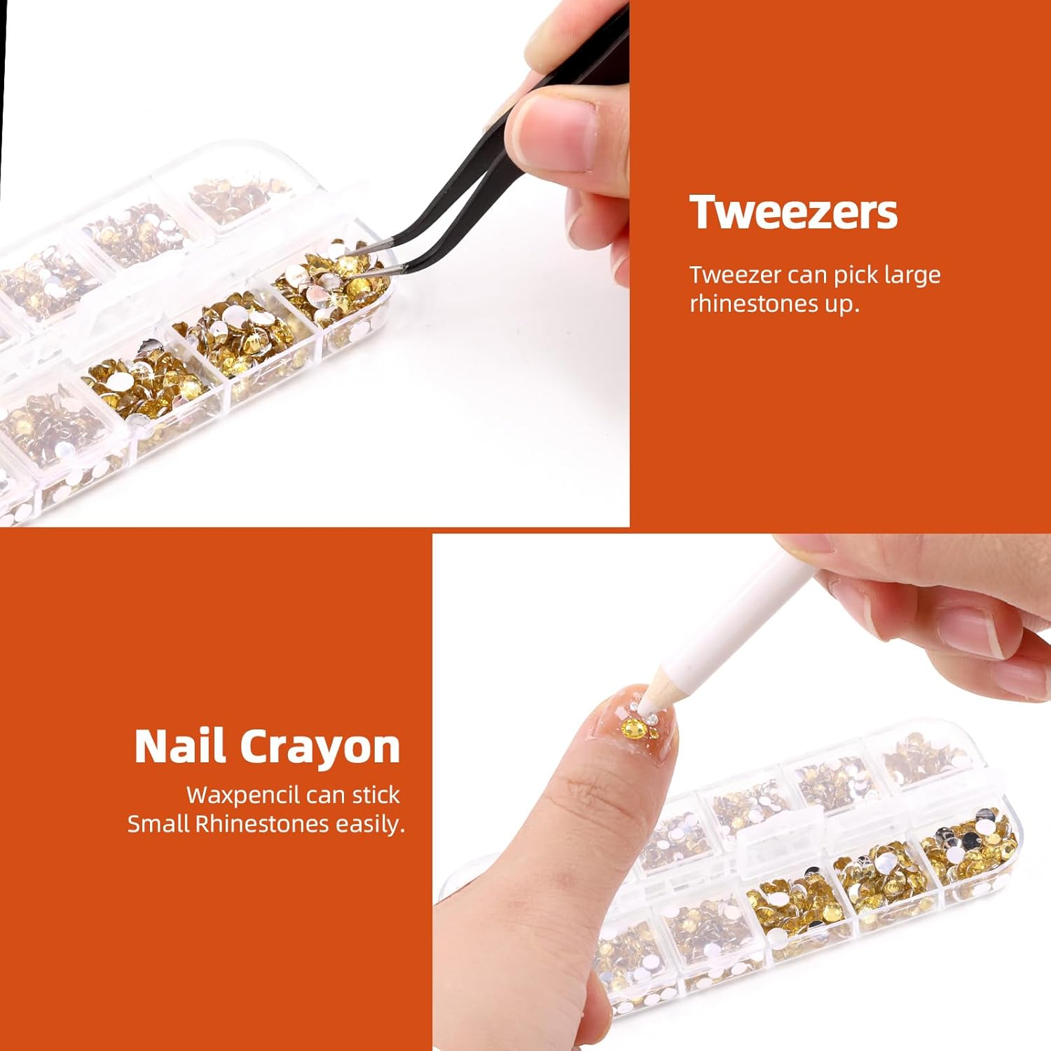 Tanstic 2606Pcs Flat Back Gems Rhinestones Kit, 2/3/4/5Mm Yellow Crystal Rhinestones with B7000 Glue, Tweezer, Picker Pen Dotting Tool for Nail Clothes Shoes Bags DIY Art - Clear image number 5