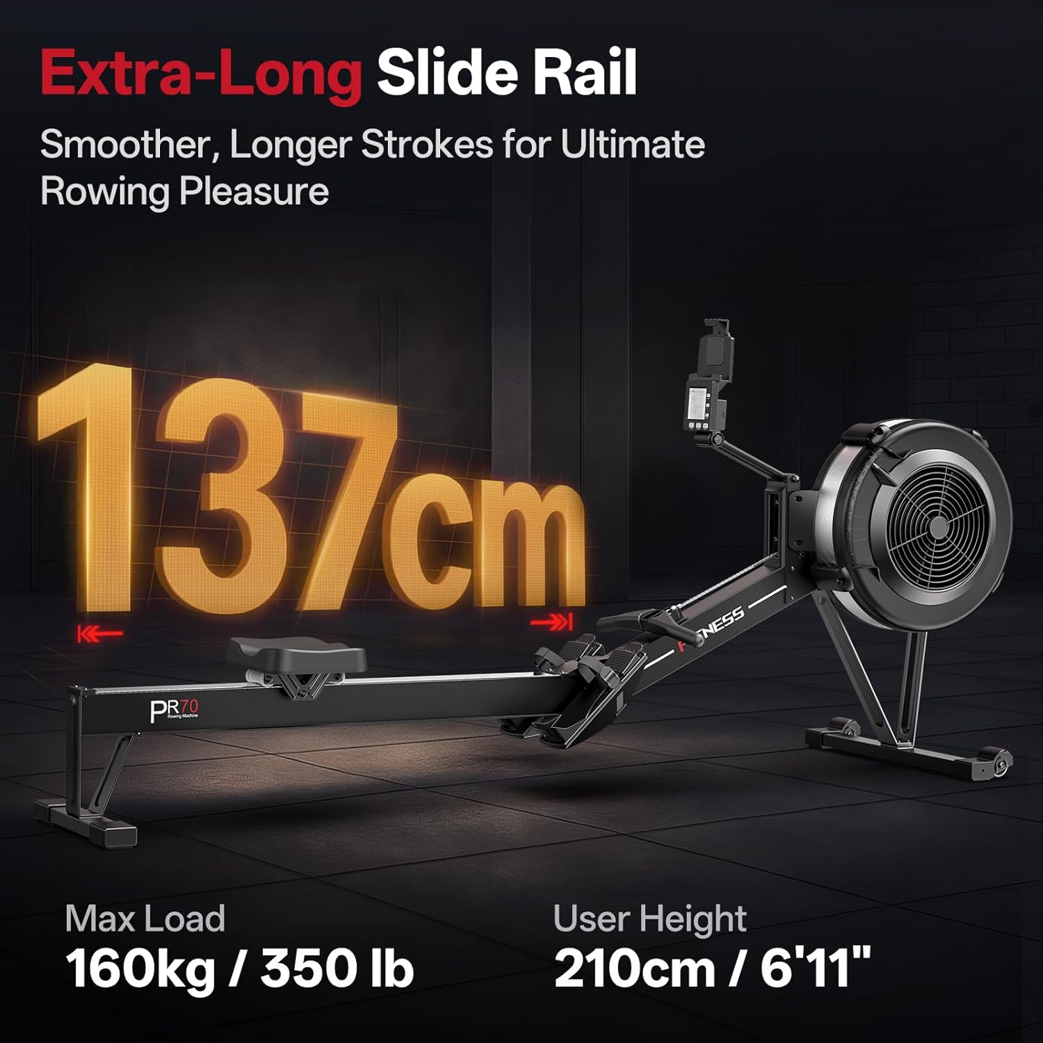 PASYOU Rowing Machine for Home Use - Commercial-Grade Rower Machine Foldable Air Rowing Machine with 10-Level Resistance, Bluetooth Backlit Monitor, Adjustable-Angle Device Holder - 350LBS Load image number 1