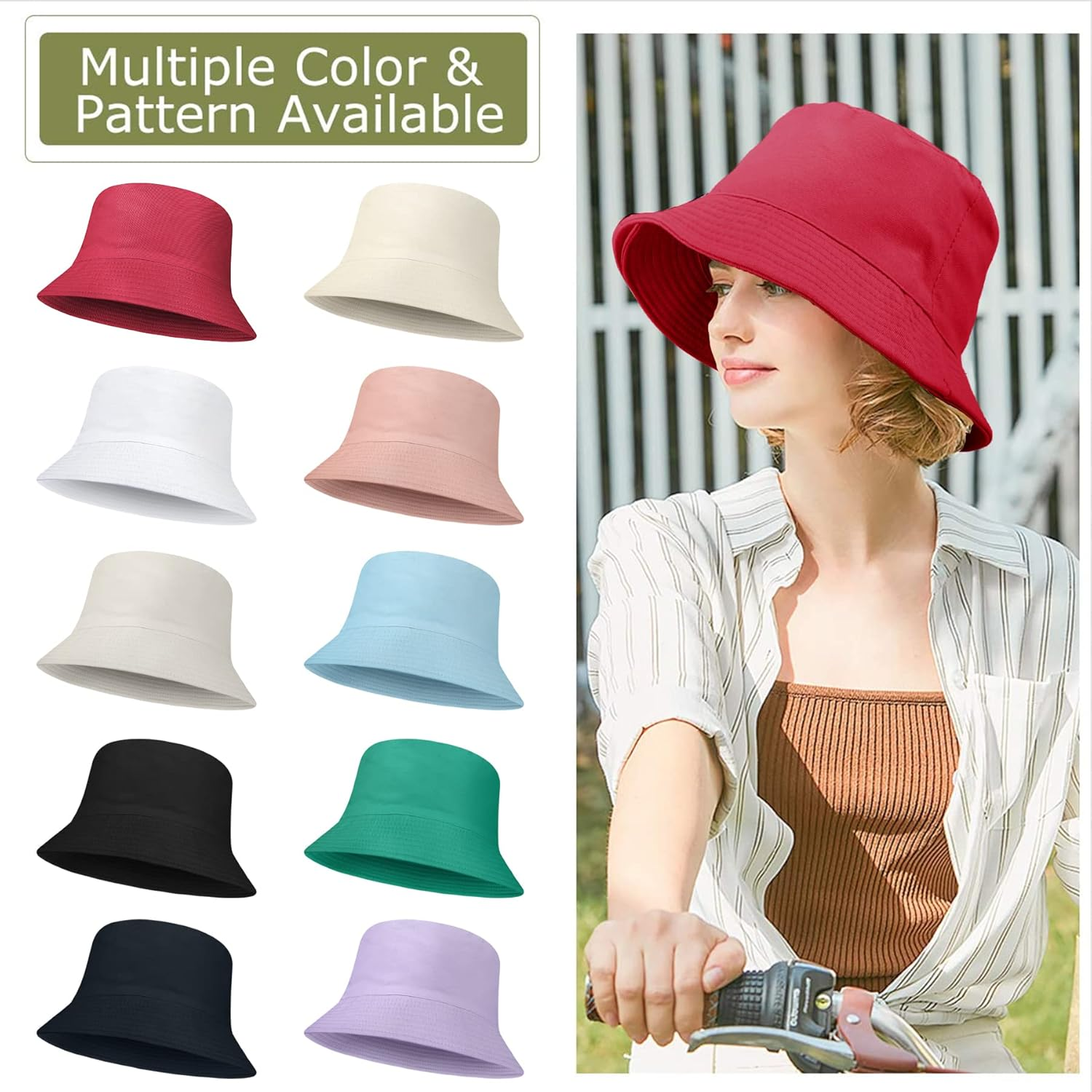 Women Bucket Hats - Summer Fisherman Hat Men Cotton Plain Bucket Hat Foldable Beach Sun Hats for Women Men, One Size - Black image number 7