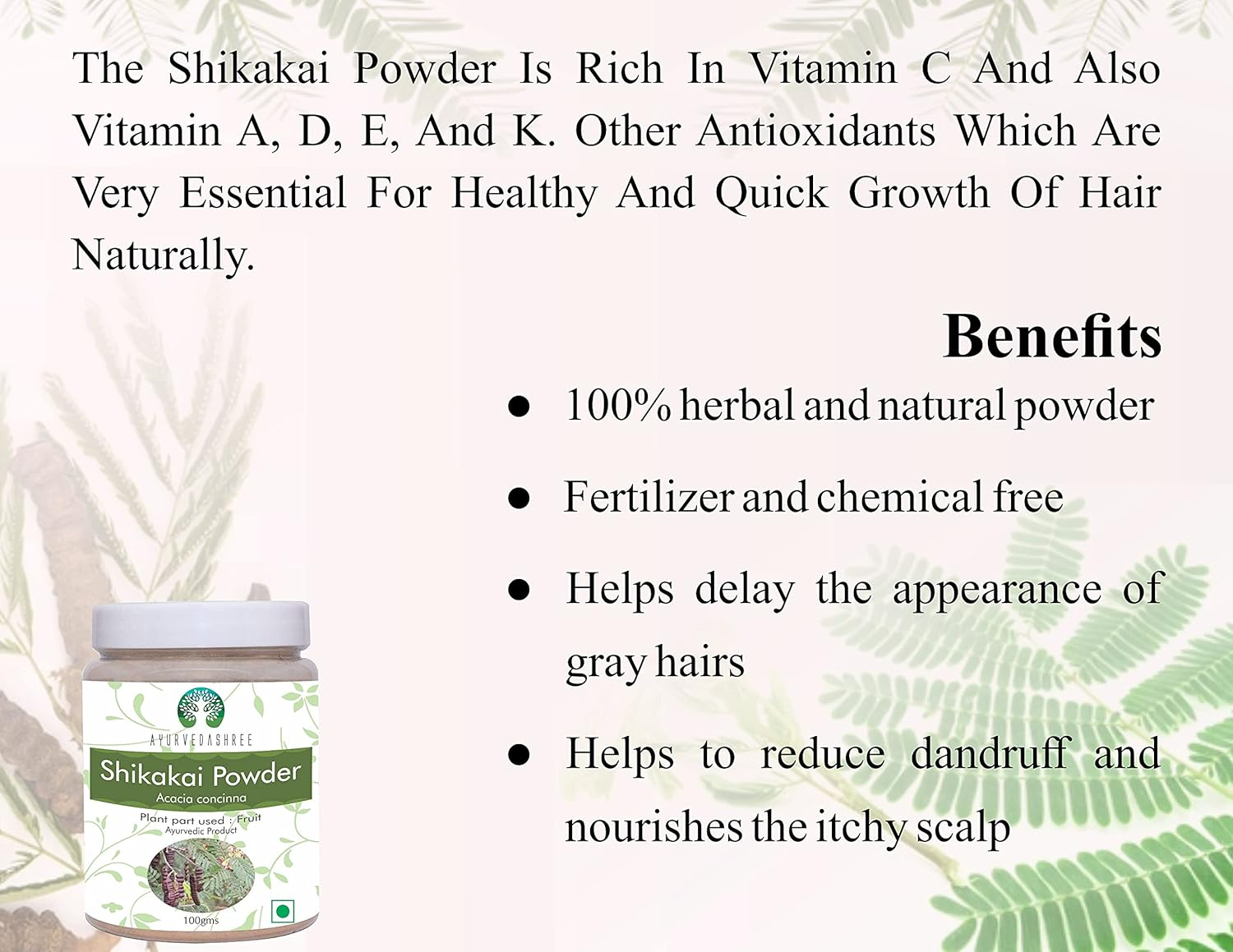 AYURVEDASHREE Shikakai Powder 100 Gm Acacia Concinna Fruit Pods Powder Natural Hair Cleanser & Conditioner Vegan Non Gmo Vegan