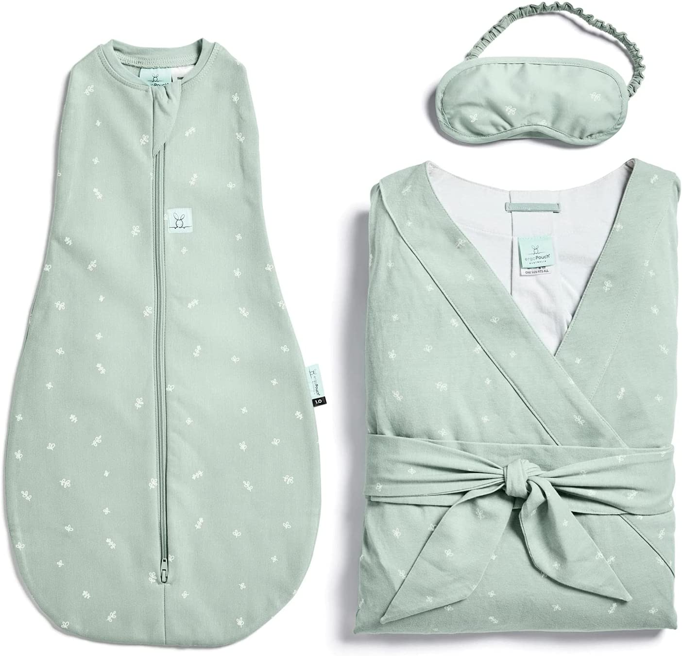 Ergopouch Mama & Mini Gift Includes Organic Cotton Cocoon Swaddle Bag 1.0 TOG for Newborn Babies, Eye Mask & Matchy Matchy Robe, One Size Fits Most, Sage, Pack of 3 image number 3