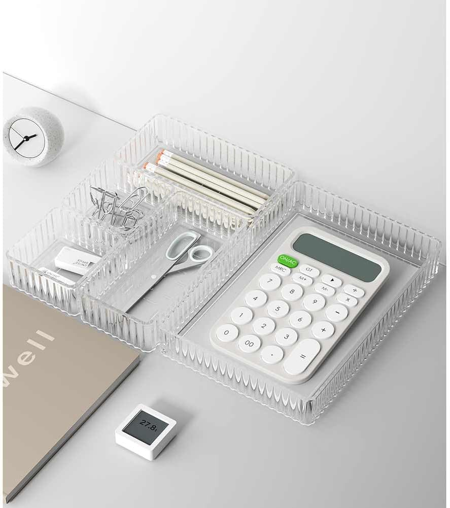 7 Pack Clear Drawer Organizers Storage Bins, 4 Size Plastic Makeup Organisers Bin,Stackable Cosmetics Drawer Organizer Trays, Desktop Storage Organization image number 1