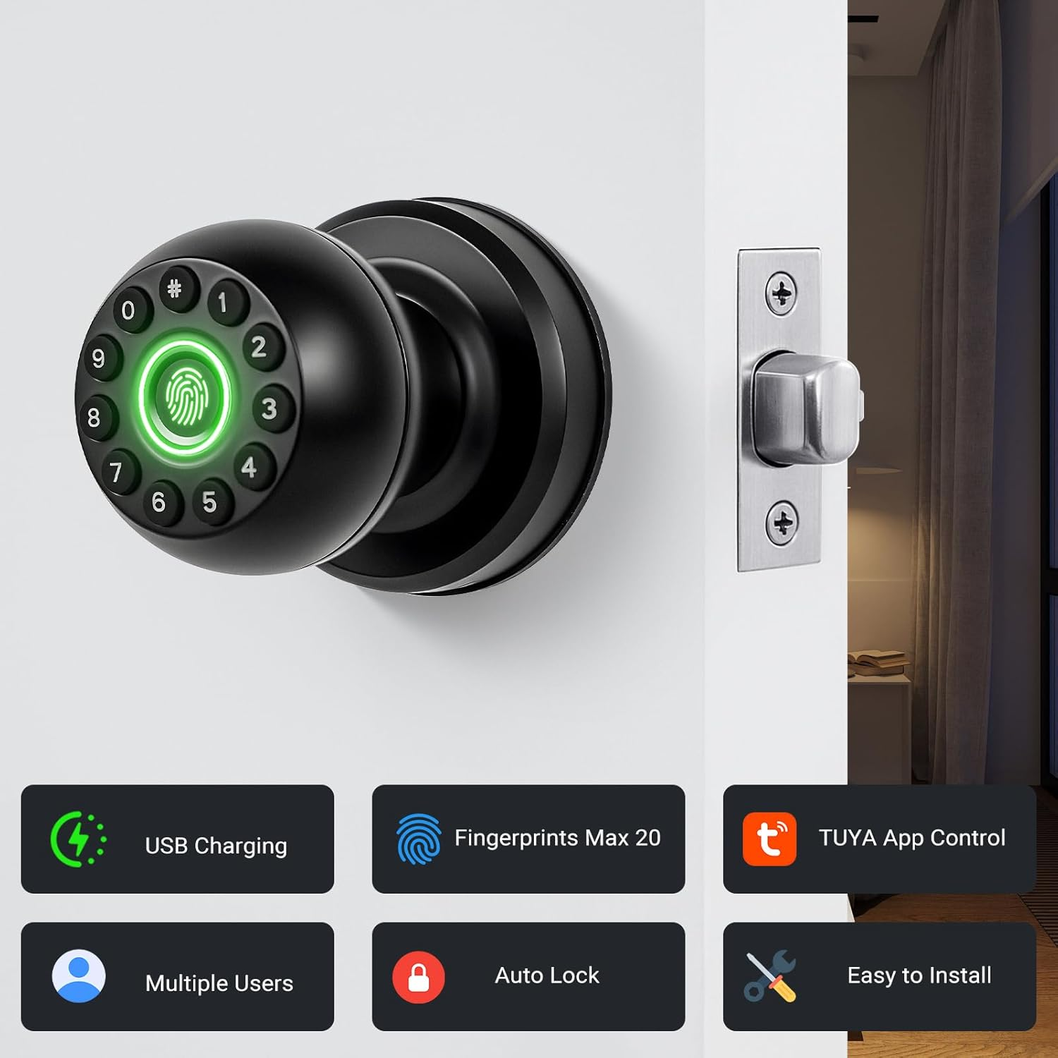 Smart Fingerprint Door Lock with Keypad & App Control, Biometric Keyless Entry Door Knob with Auto Lock, Thumb Print, Code & Keys for Home, Bedroom, Office (Matte Black) image number 1