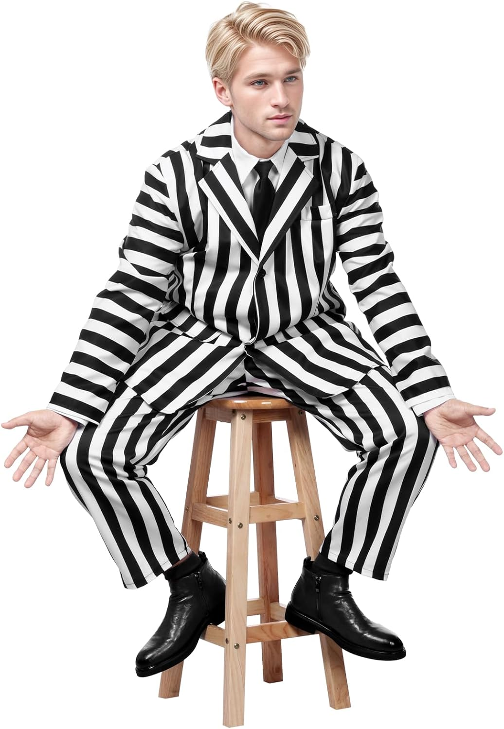 Men Black and White Striped Suit Cosplay Halloween Costume,Adult Horror Comedy Character Cosplay Outfit with Jacket, Shirt, Pants, Tie, Wig,For Men Scary Halloween image number 3